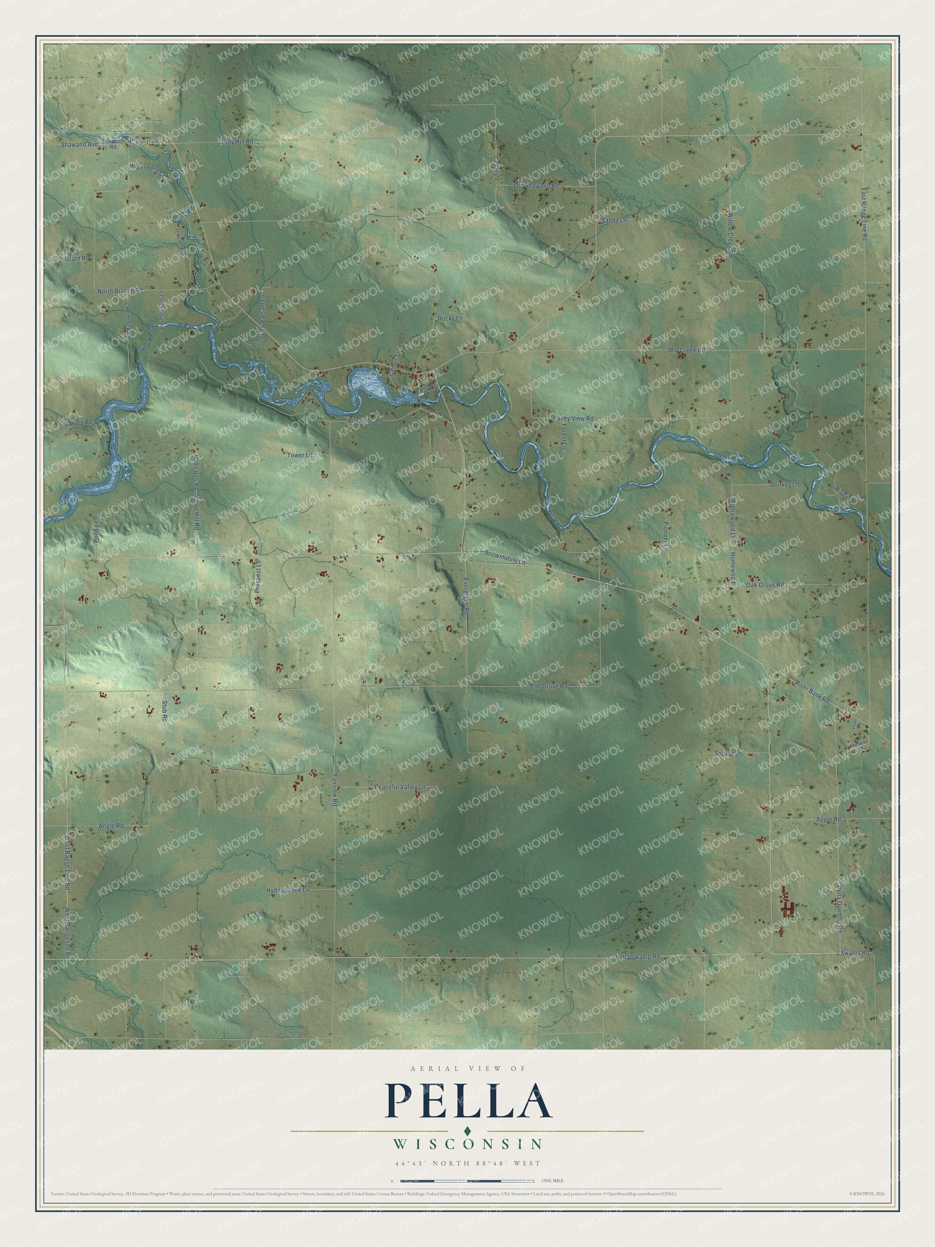 Full map of Pella, Wisconsin, with red buildings, printed street names and the land around them