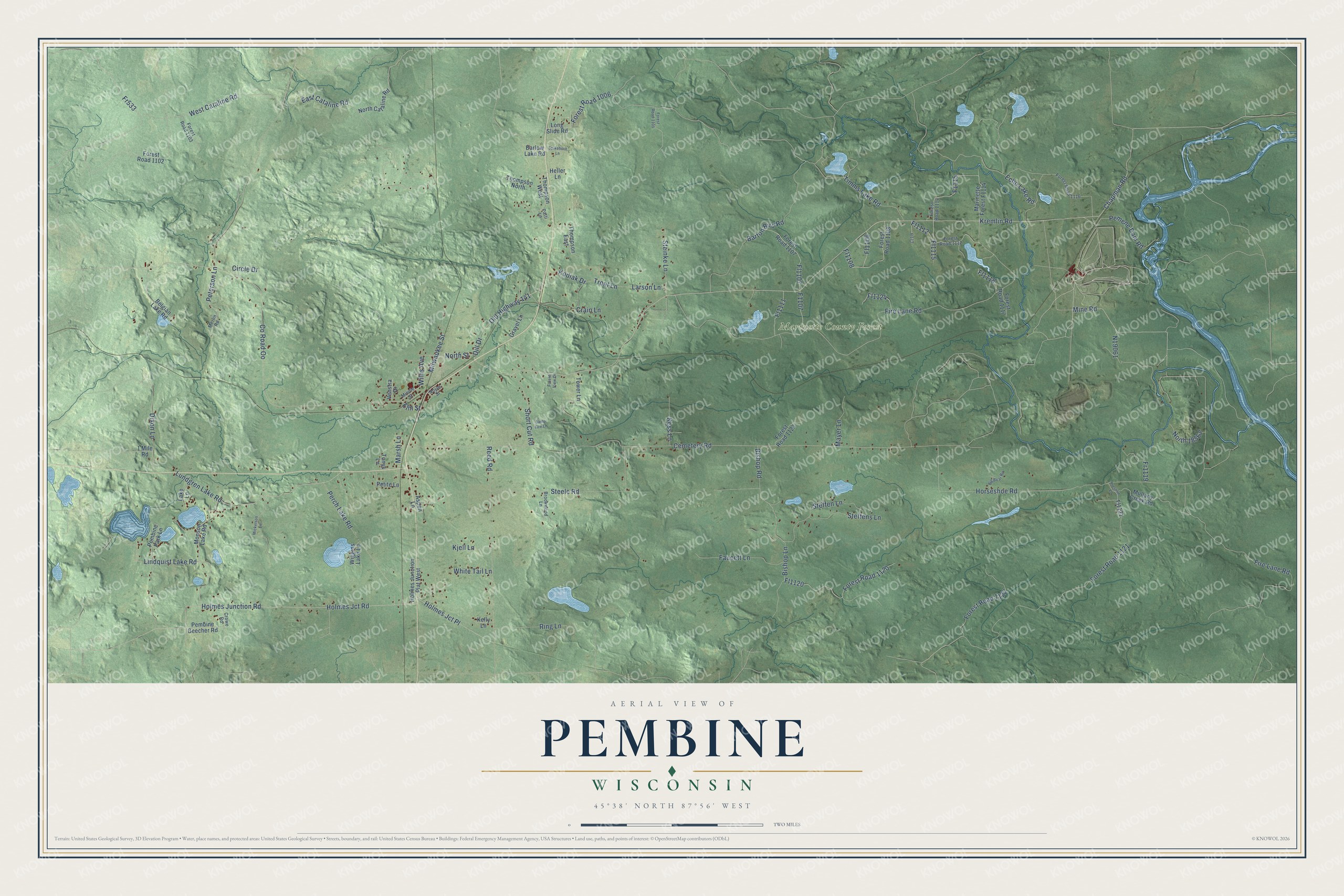 Full map of Pembine, Wisconsin, with red buildings, printed street names and the land around them