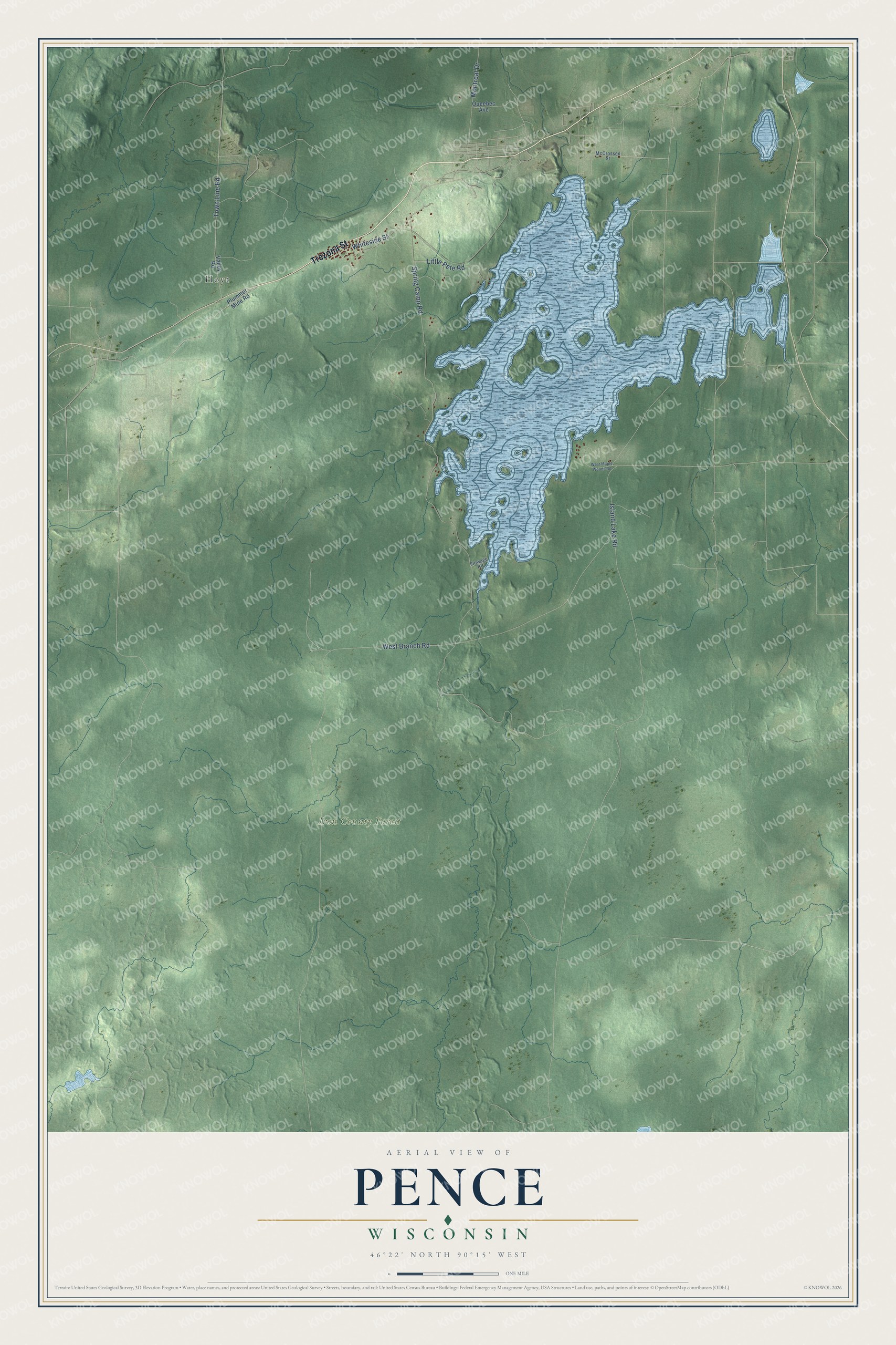 Full map of Pence, Wisconsin, with red buildings, printed street names and the land around them