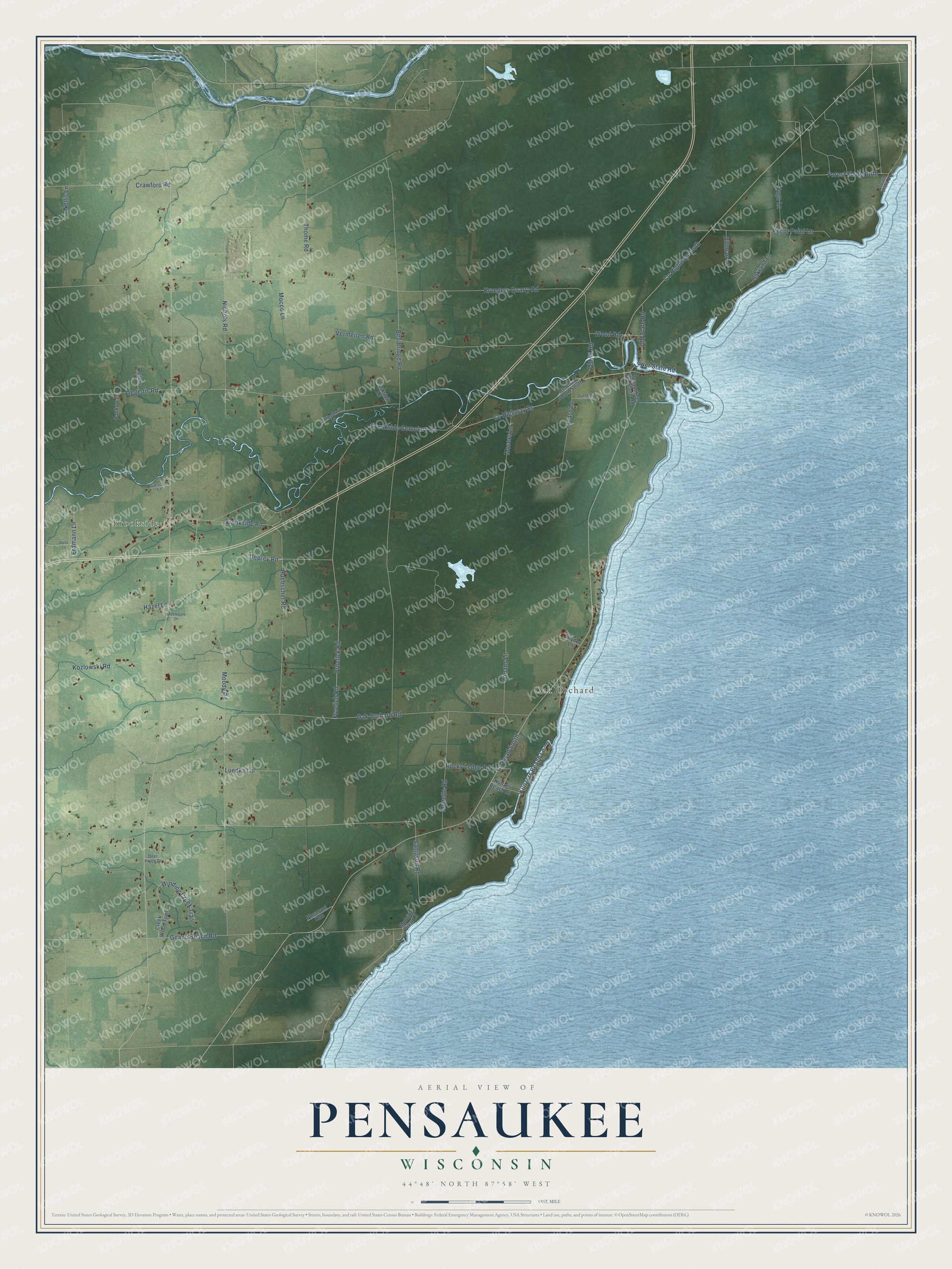 Full map of Pensaukee, Wisconsin, with red buildings, printed street names and the land around them