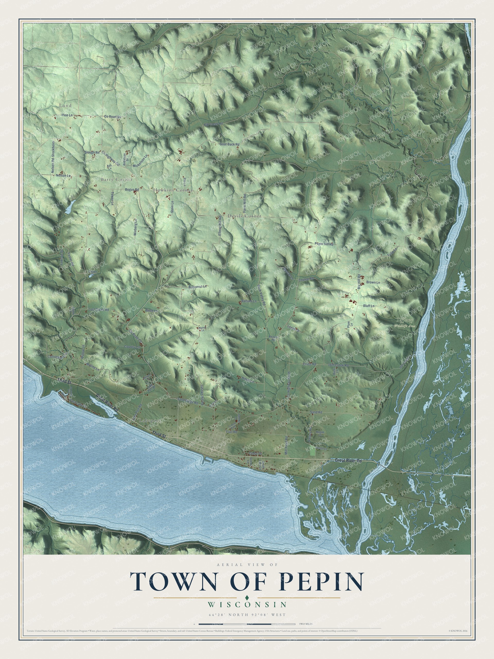 Full map of Pepin, Wisconsin, with red buildings, printed street names and the land around them
