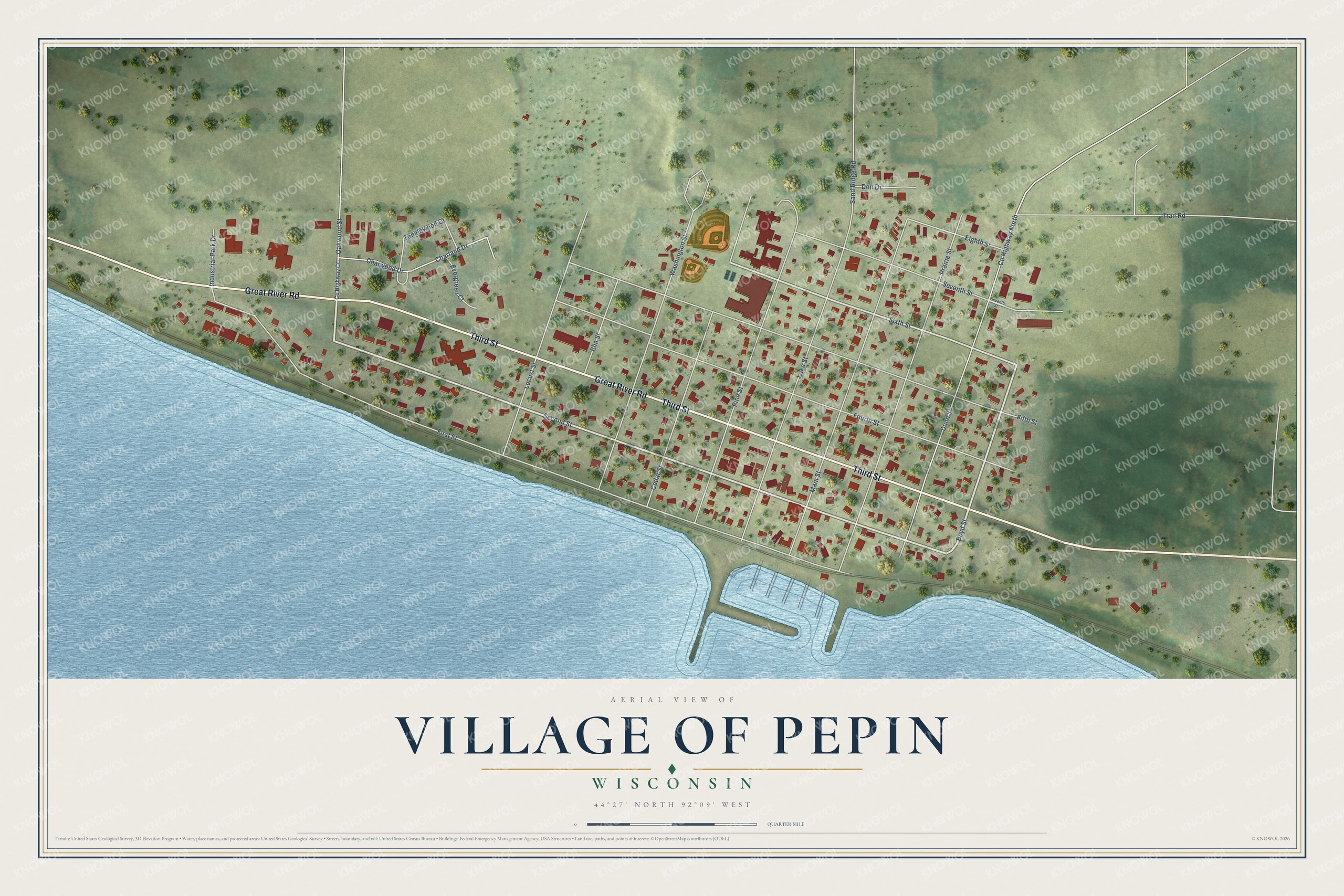 Full map of Pepin, Wisconsin, with red buildings, printed street names and the land around them