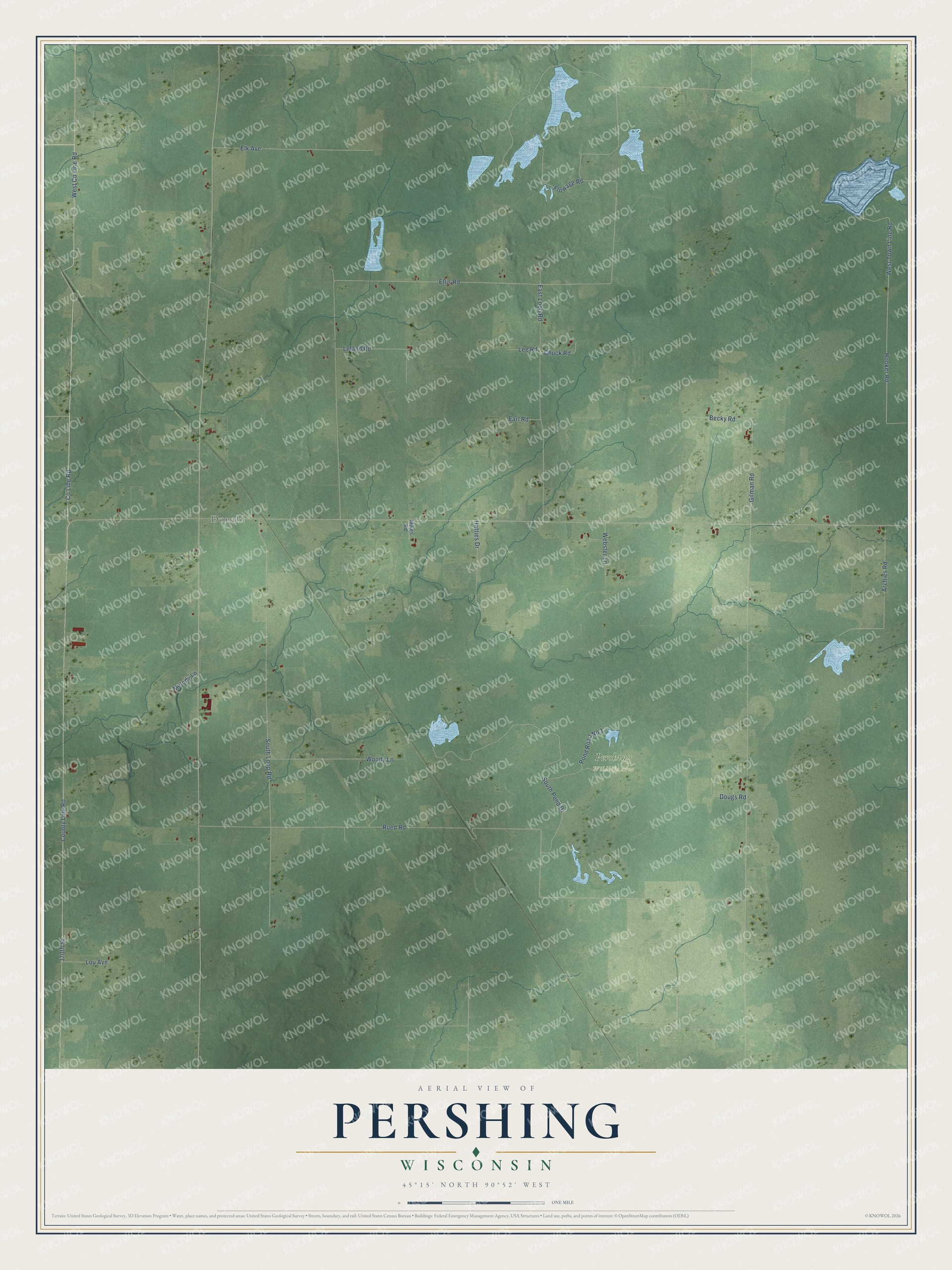 Full map of Pershing, Wisconsin, with red buildings, printed street names and the land around them