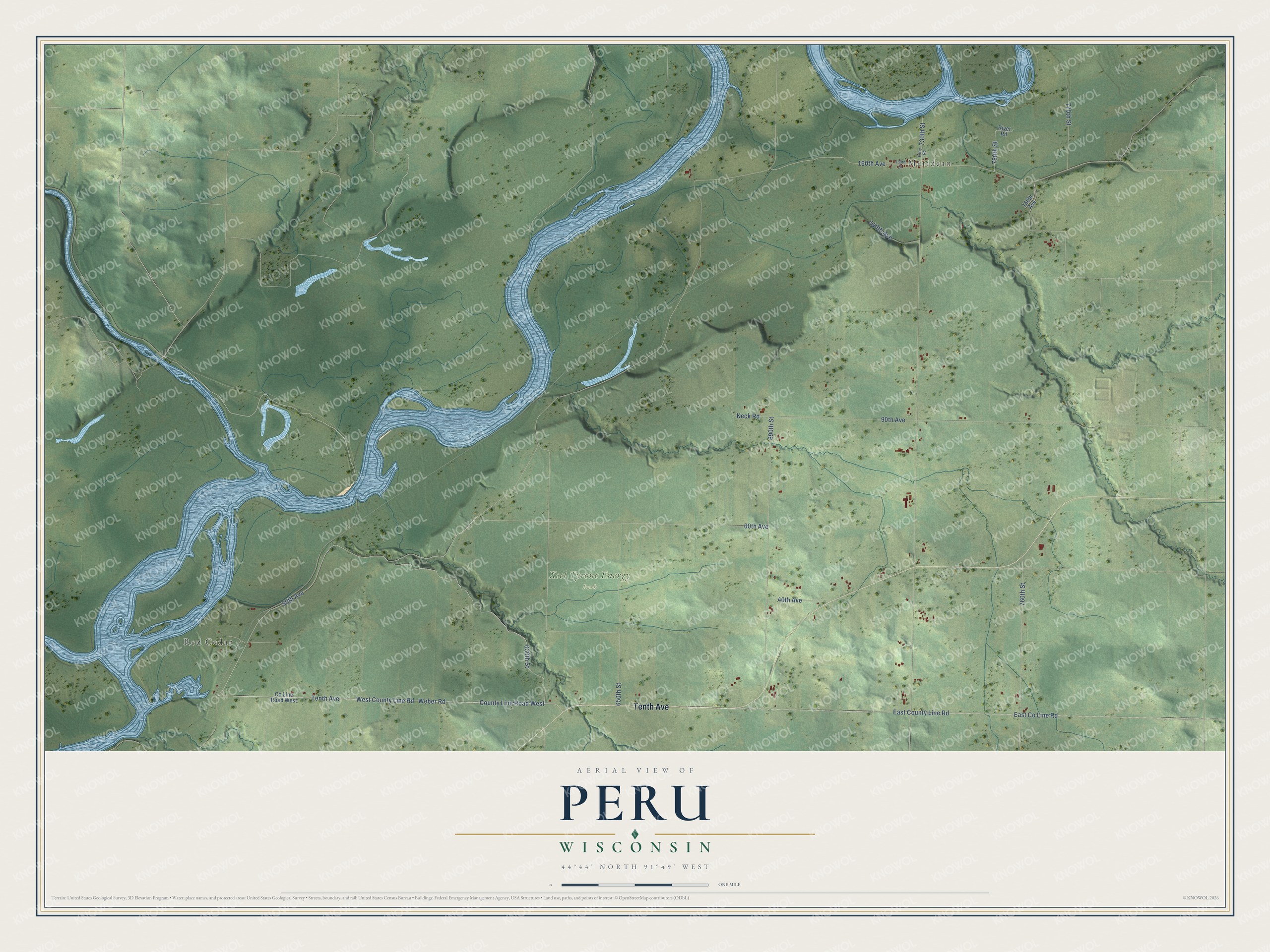 Full map of Peru, Wisconsin, with red buildings, printed street names and the land around them