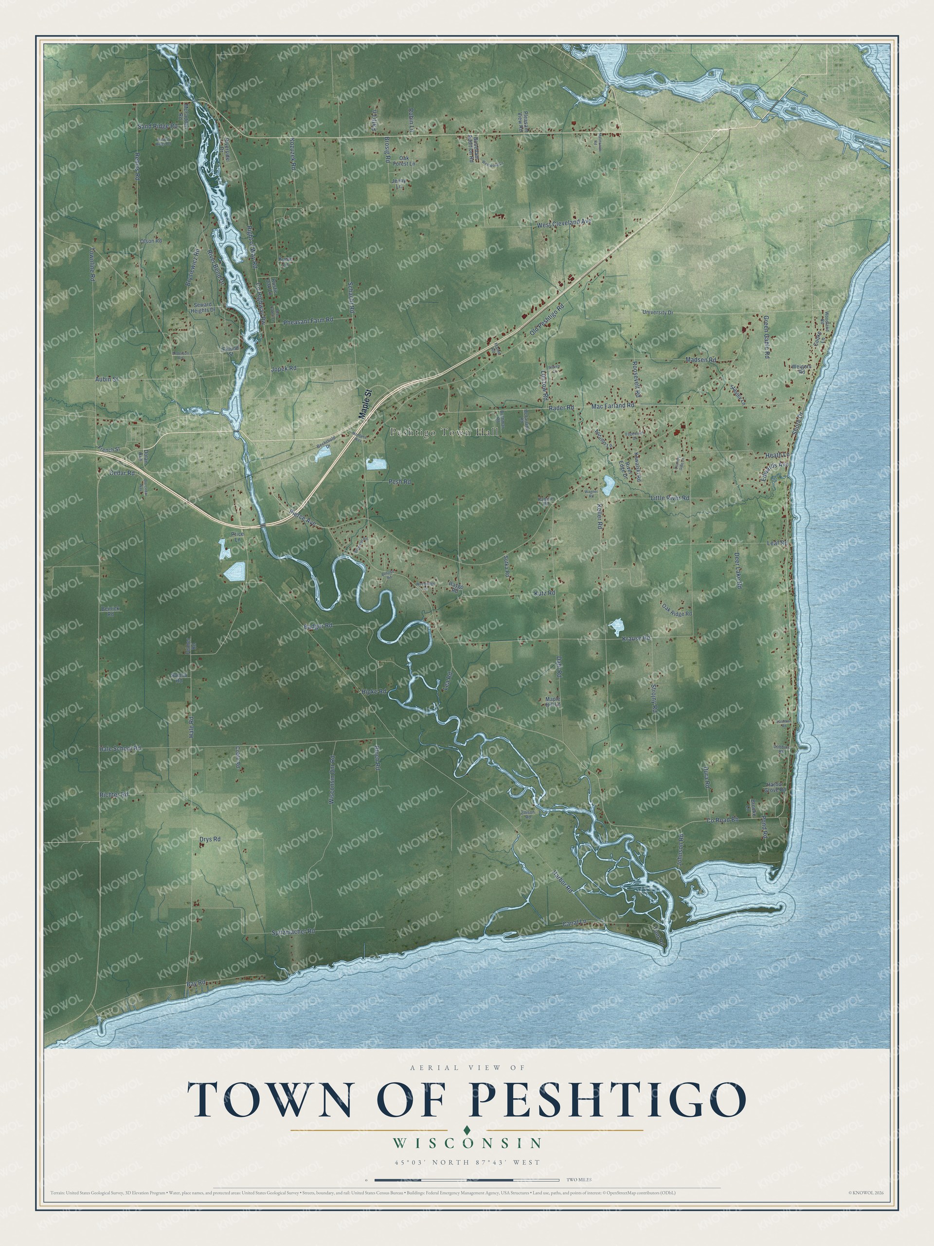 Full map of Peshtigo, Wisconsin, with red buildings, printed street names and the land around them