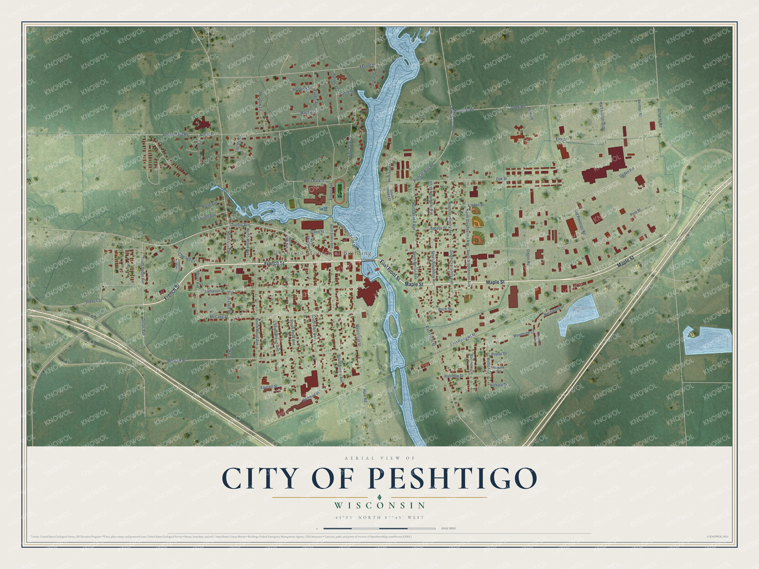 Full map of Peshtigo, Wisconsin, with red buildings, printed street names and the land around them