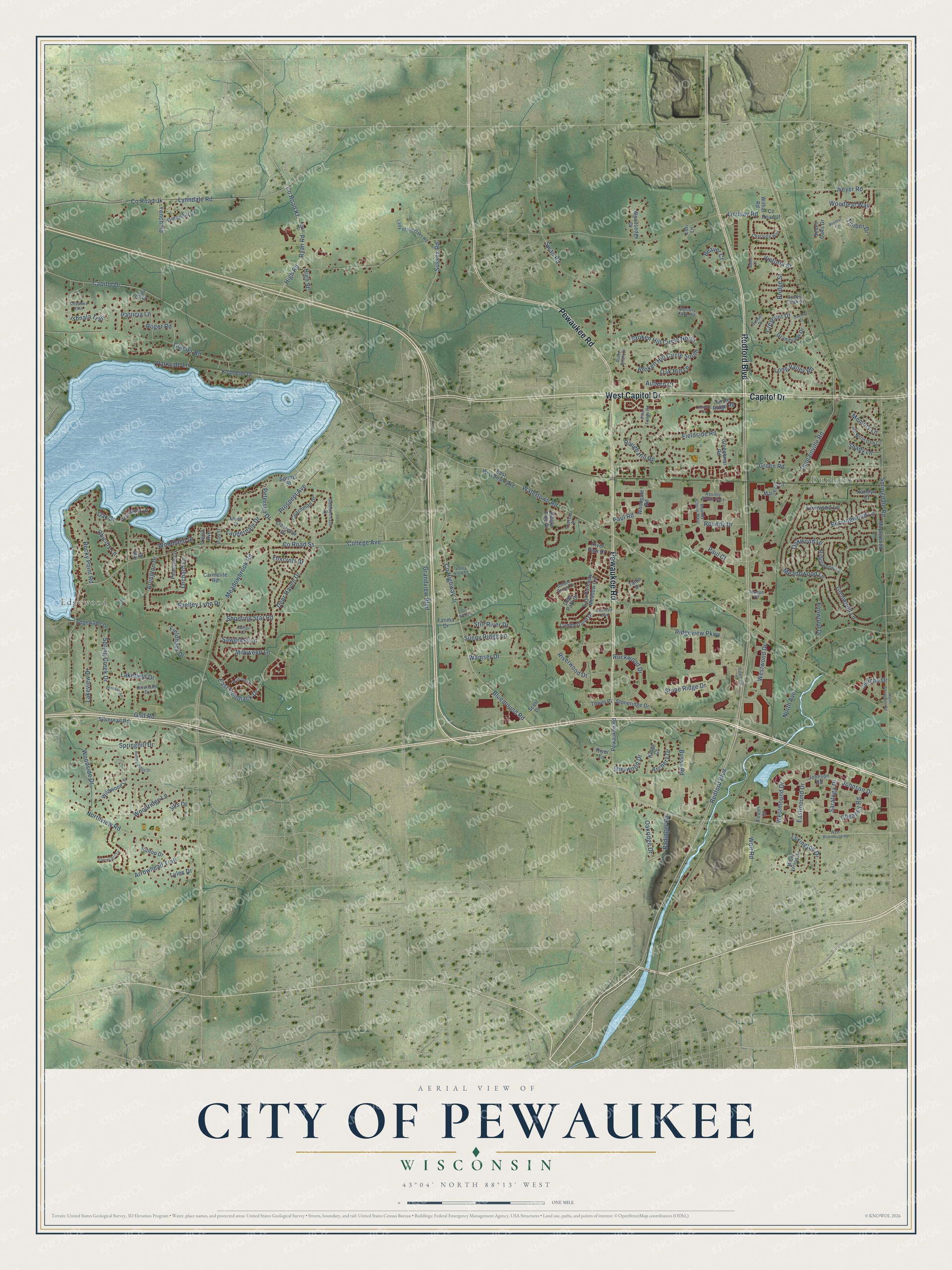 Full map of Pewaukee, Wisconsin, with red buildings, printed street names and the land around them