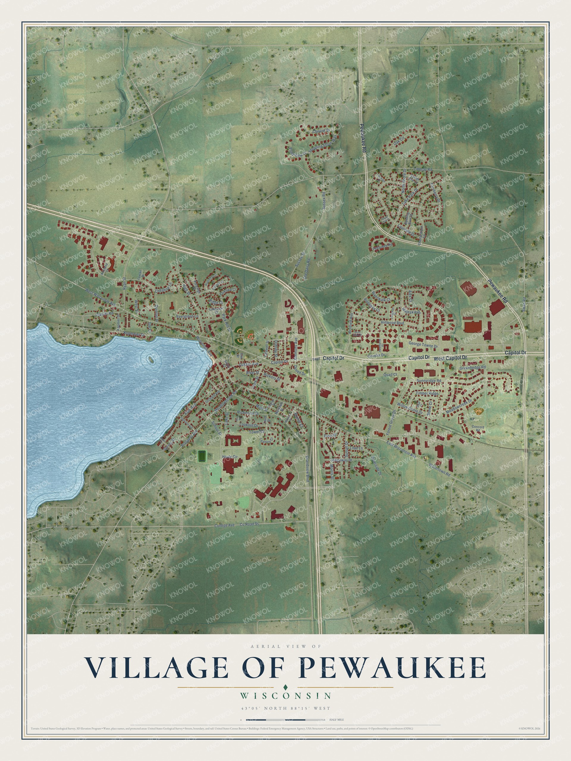 Full map of Pewaukee, Wisconsin, with red buildings, printed street names and the land around them