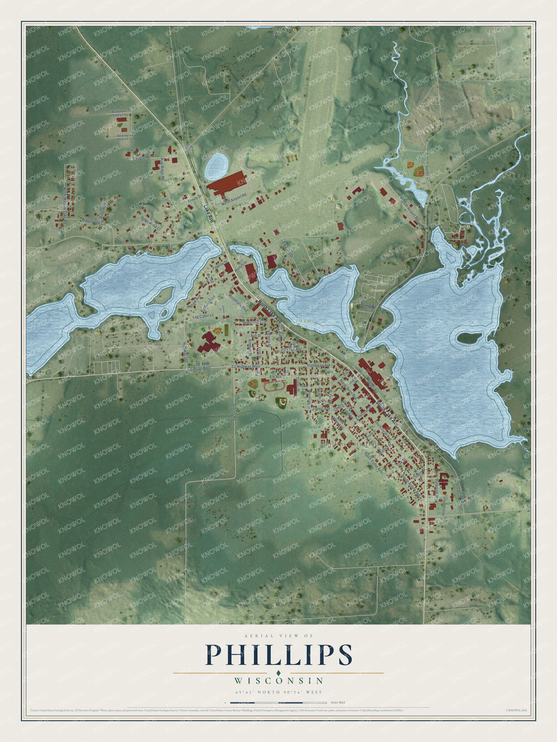 Full map of Phillips, Wisconsin, with red buildings, printed street names and the land around them