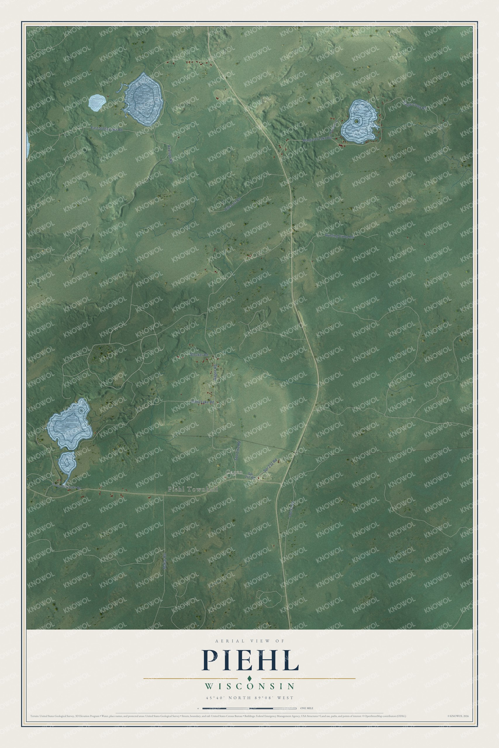 Full map of Piehl, Wisconsin, with red buildings, printed street names and the land around them