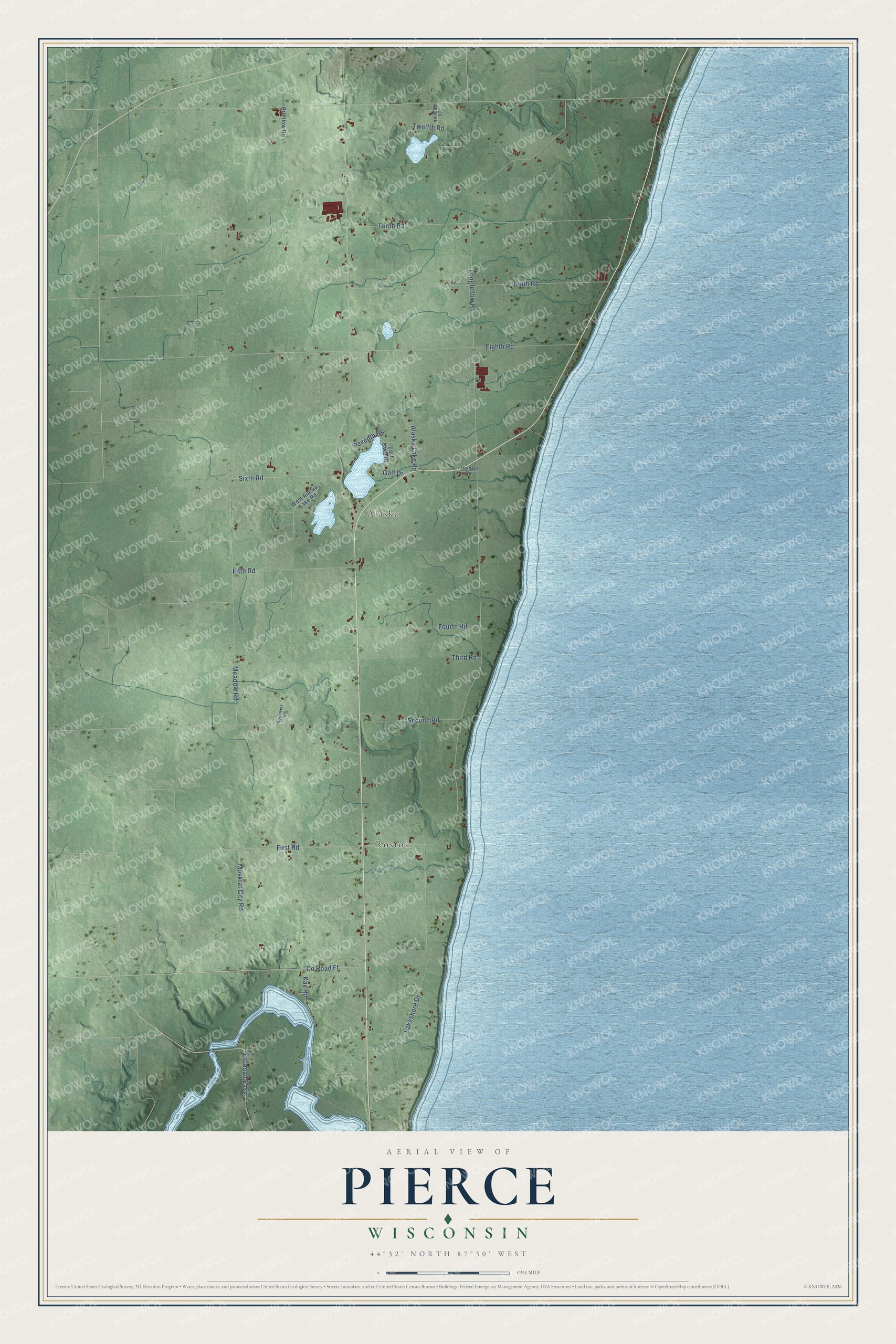 Full map of Pierce, Wisconsin, with red buildings, printed street names and the land around them
