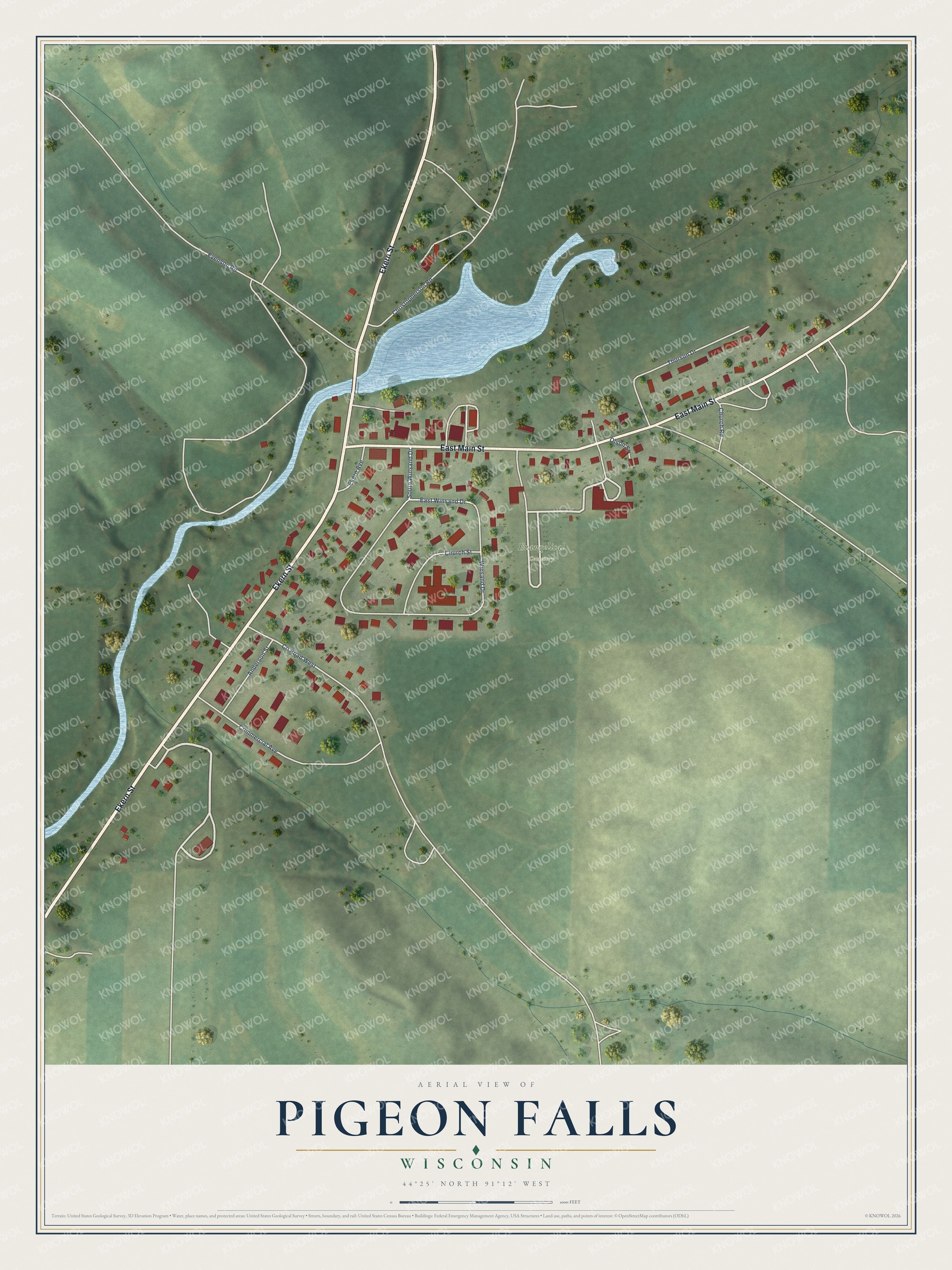 Full map of Pigeon Falls, Wisconsin, with red buildings, printed street names and the land around them