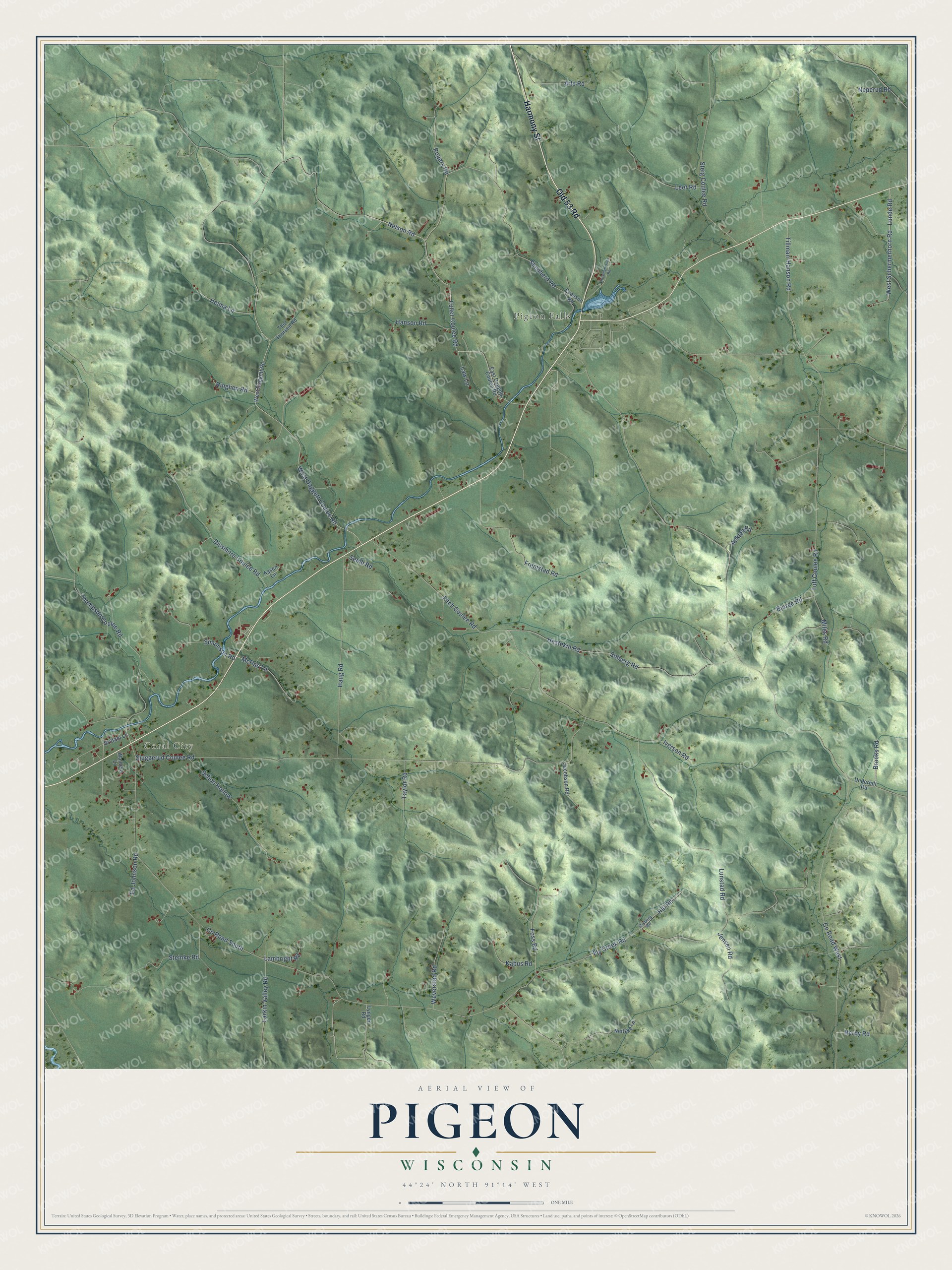 Full map of Pigeon, Wisconsin, with red buildings, printed street names and the land around them