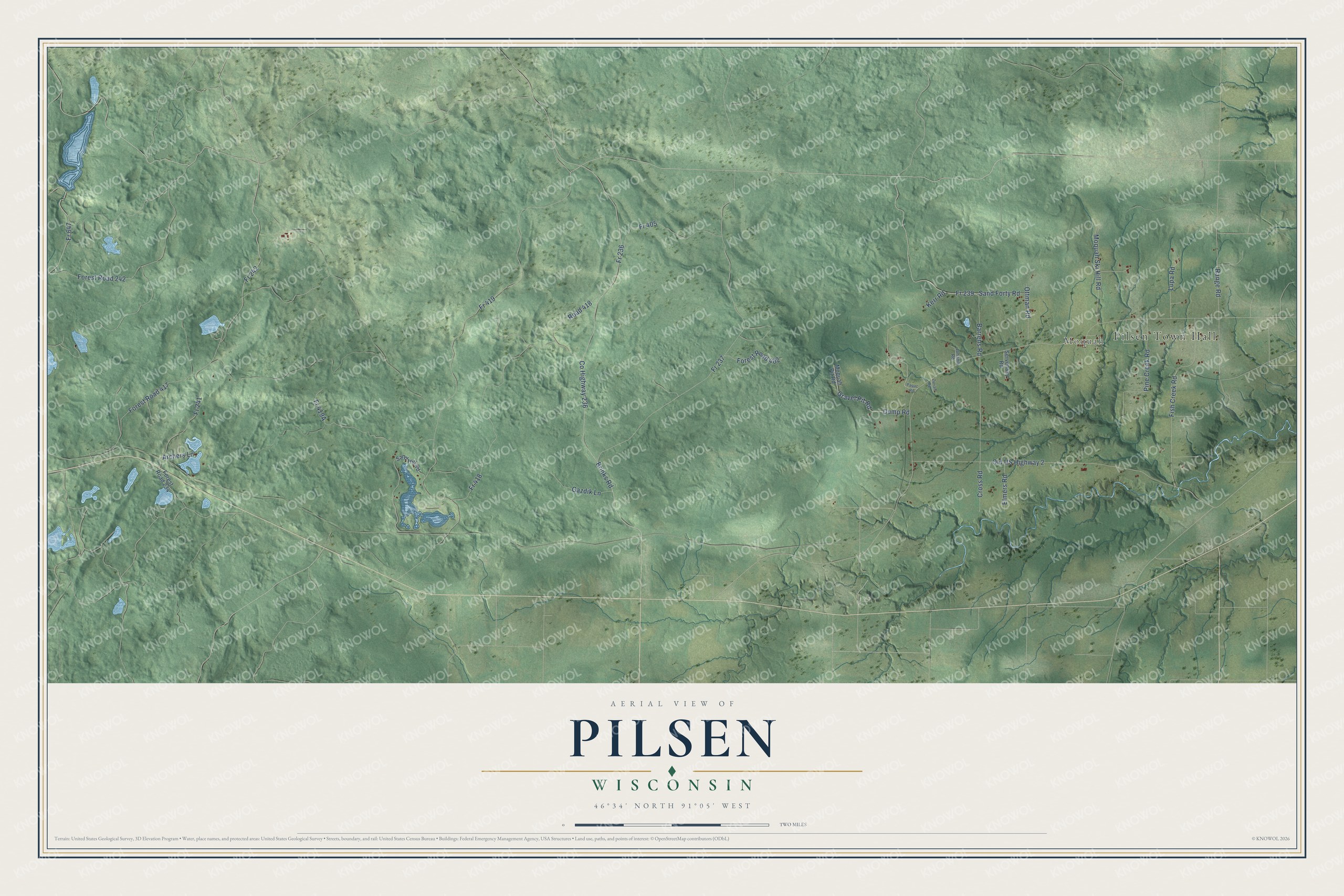 Full map of Pilsen, Wisconsin, with red buildings, printed street names and the land around them