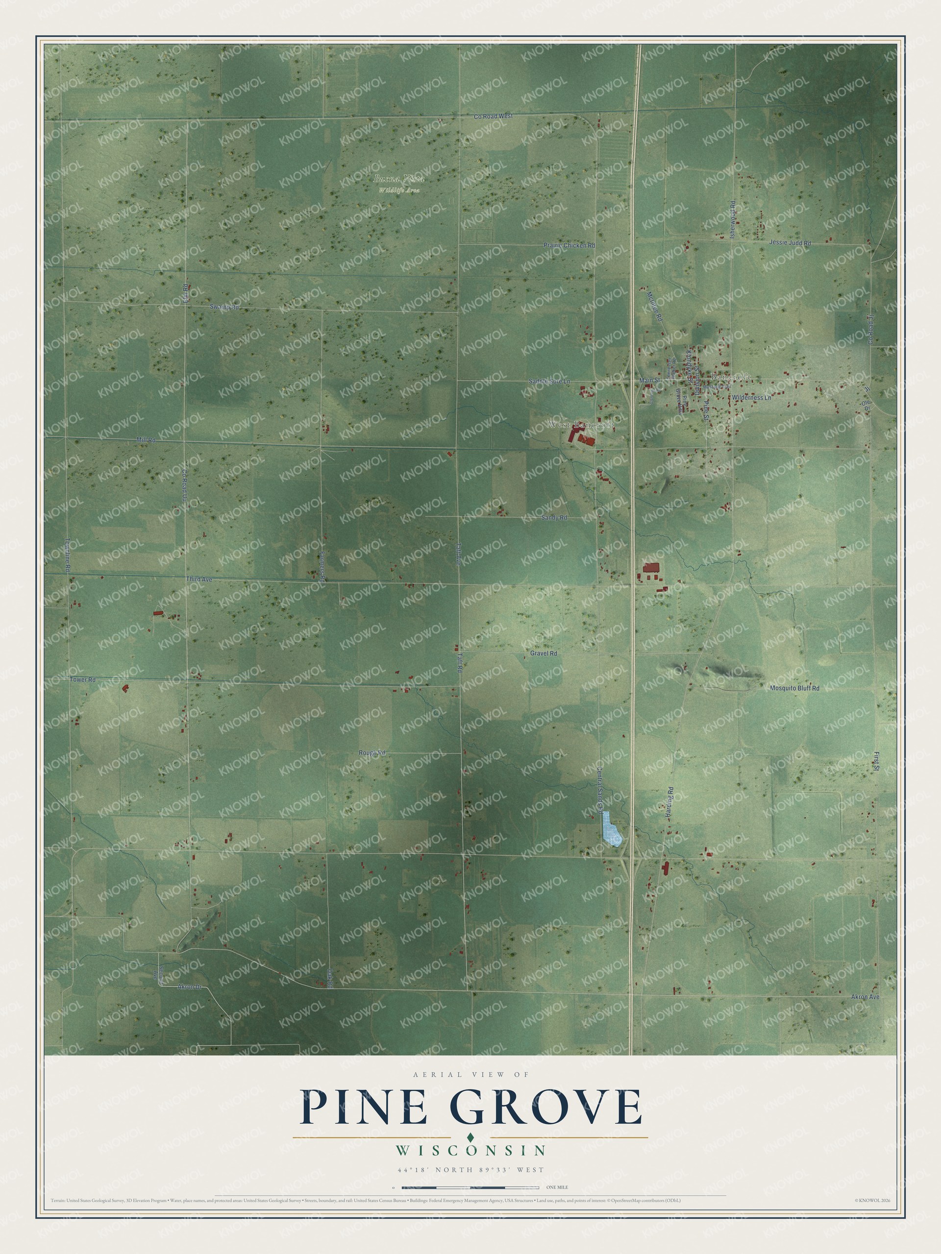 Full map of Pine Grove, Wisconsin, with red buildings, printed street names and the land around them