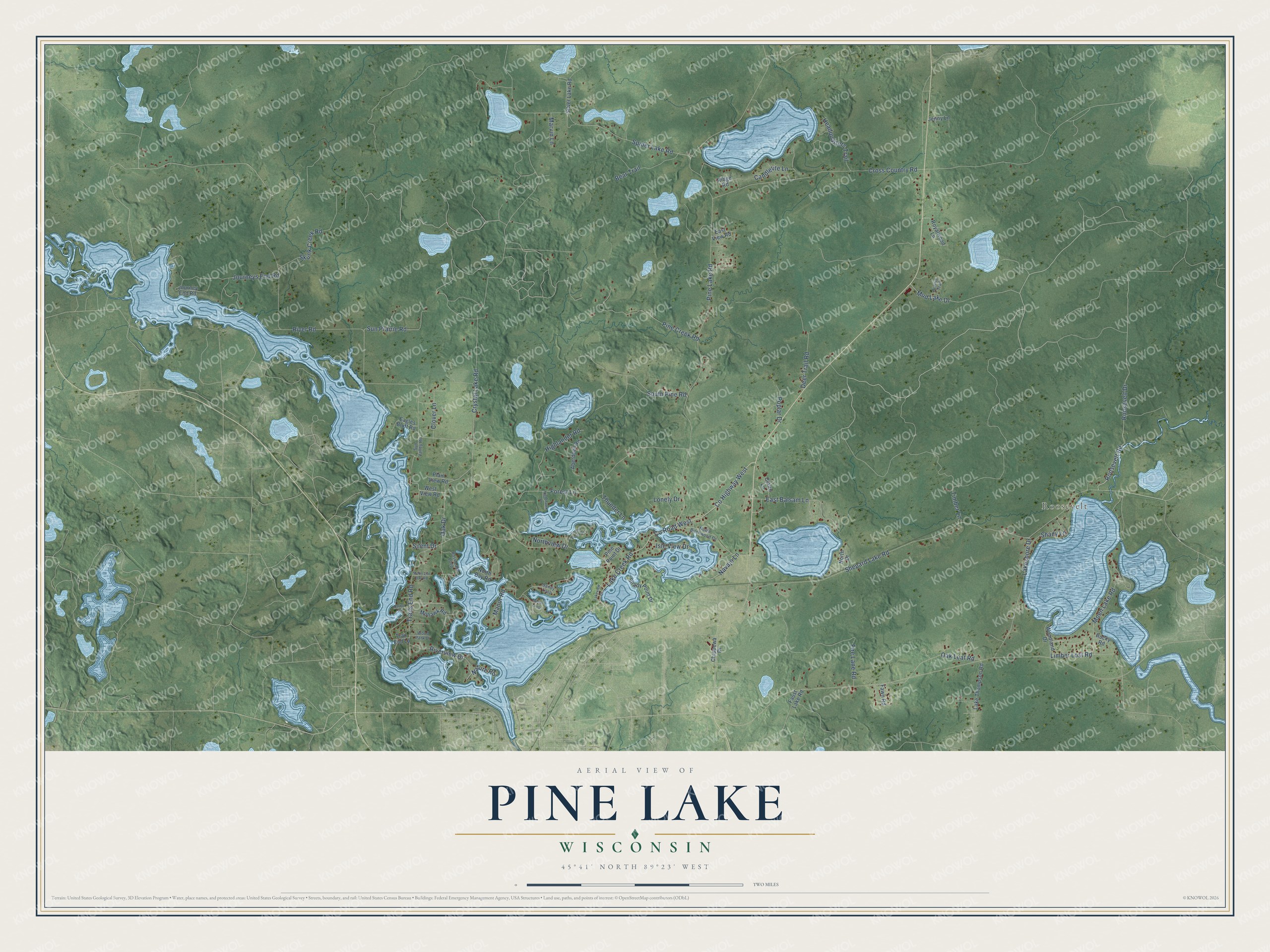 Full map of Pine Lake, Wisconsin, with red buildings, printed street names and the land around them