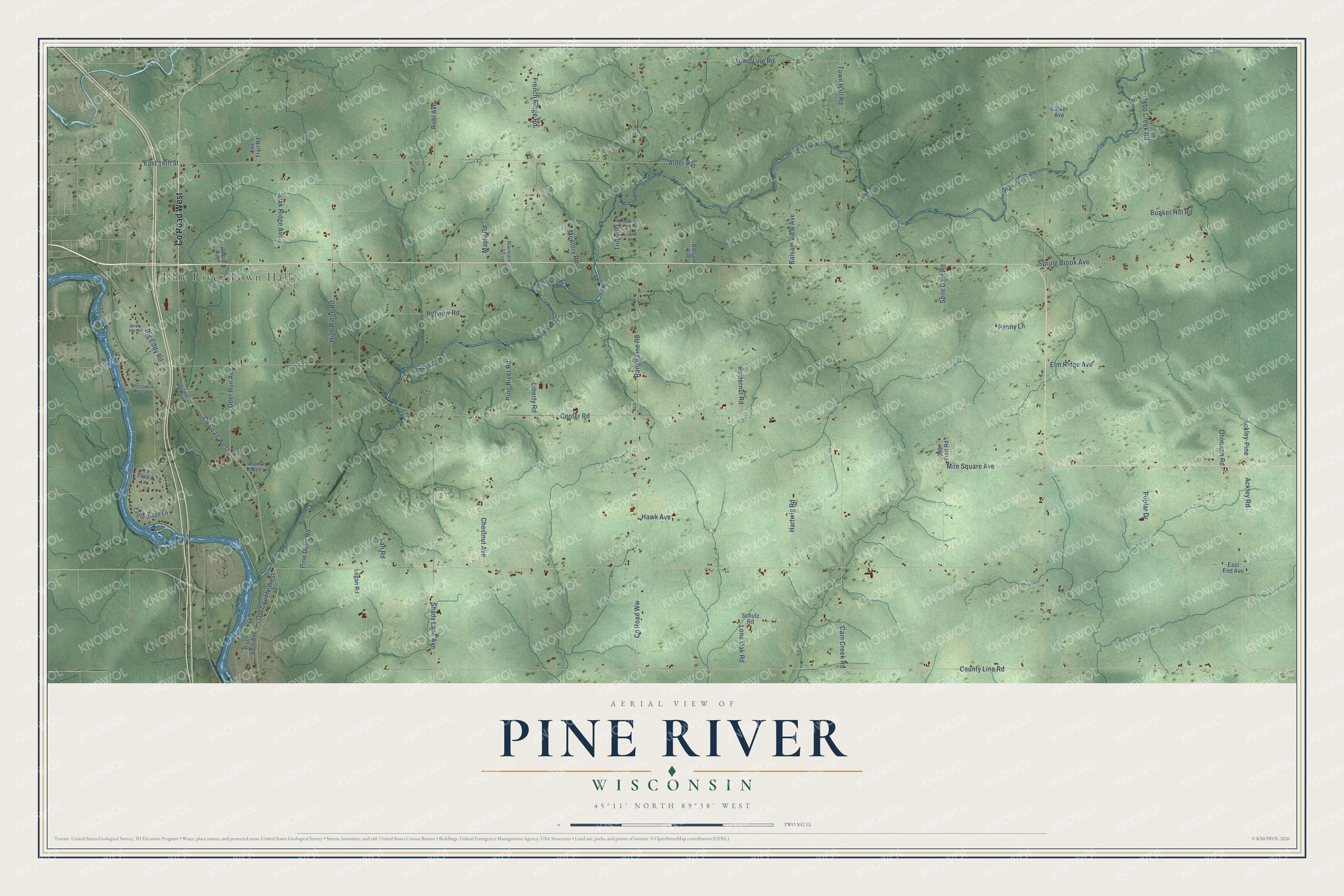 Full map of Pine River, Wisconsin, with red buildings, printed street names and the land around them