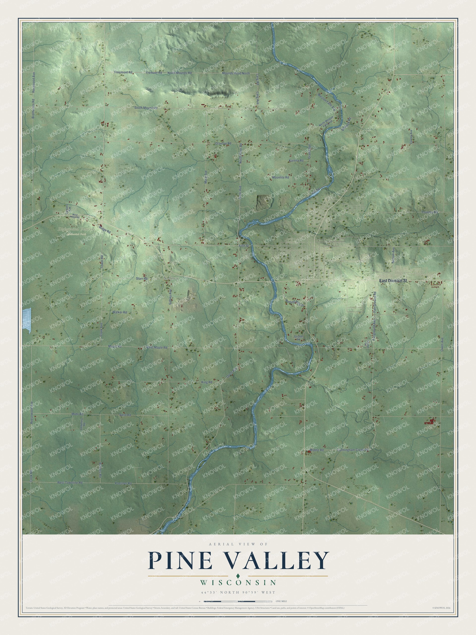Full map of Pine Valley, Wisconsin, with red buildings, printed street names and the land around them