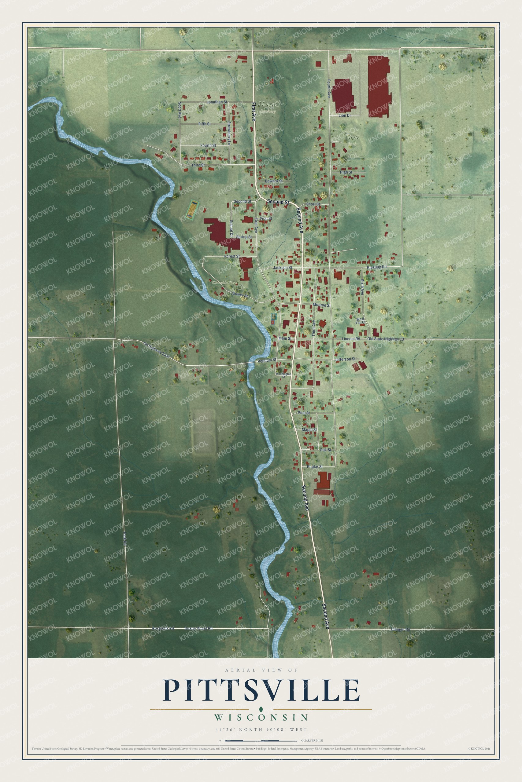 Full map of Pittsville, Wisconsin, with red buildings, printed street names and the land around them