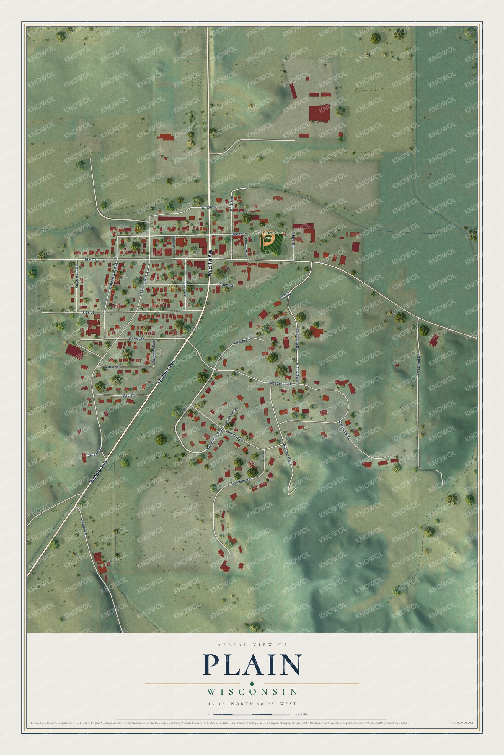 Full map of Plain, Wisconsin, with red buildings, printed street names and the land around them