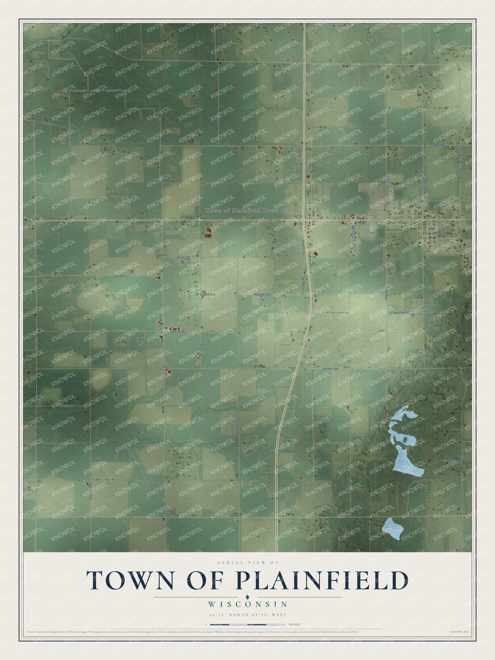Full map of Plainfield, Wisconsin, with red buildings, printed street names and the land around them