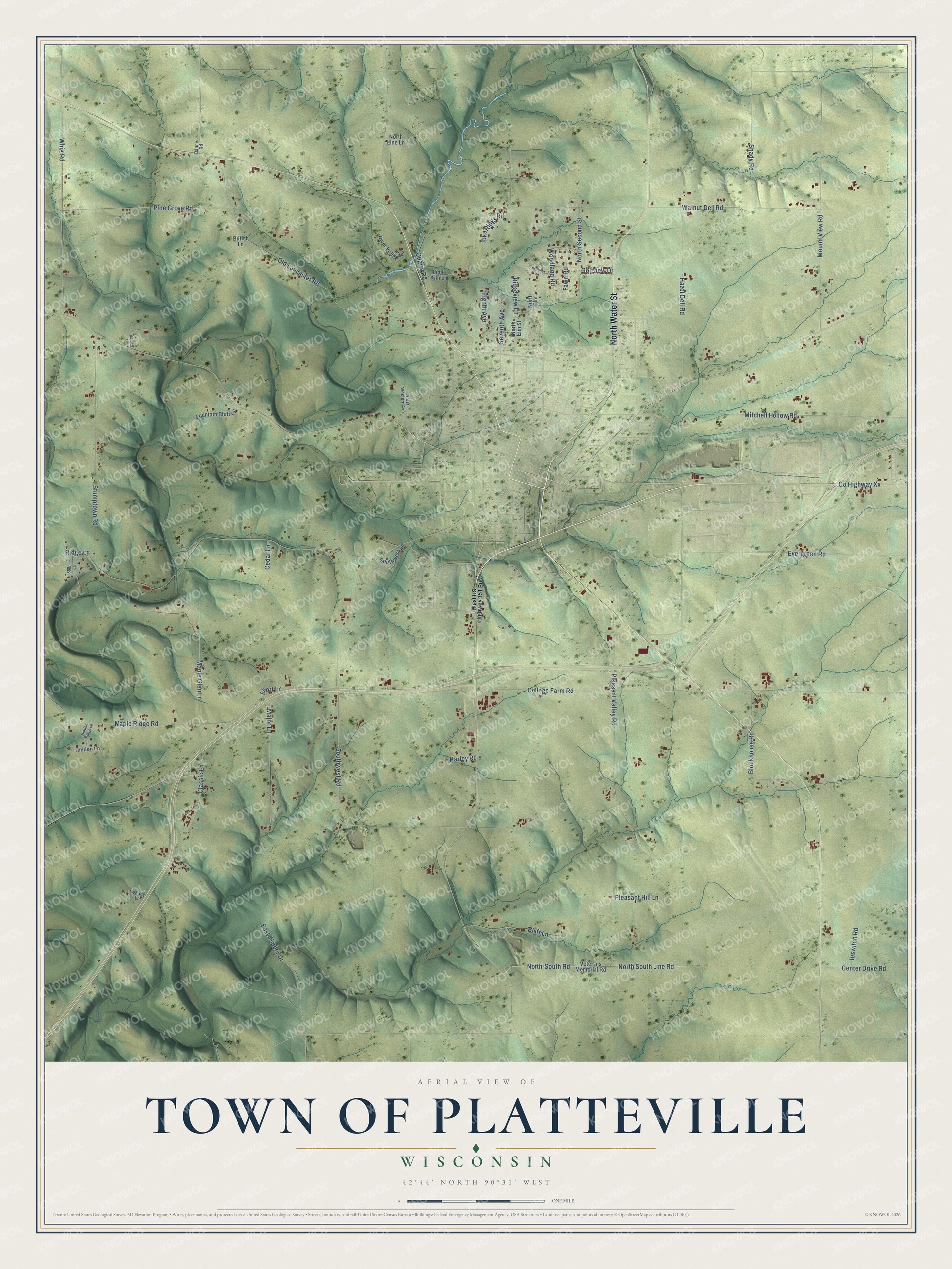 Full map of Platteville, Wisconsin, with red buildings, printed street names and the land around them