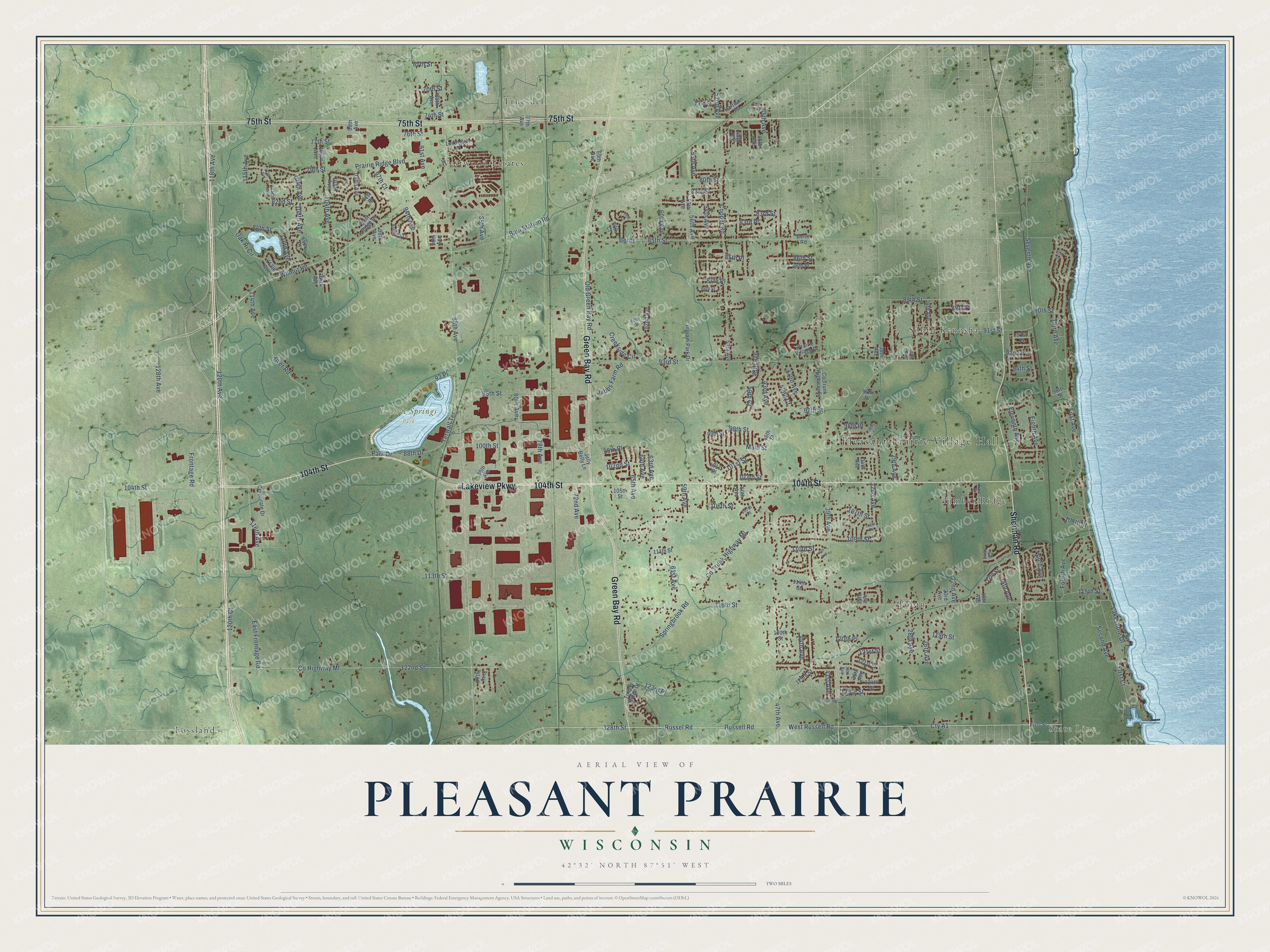 Full map of Pleasant Prairie, Wisconsin, with red buildings, printed street names and the land around them
