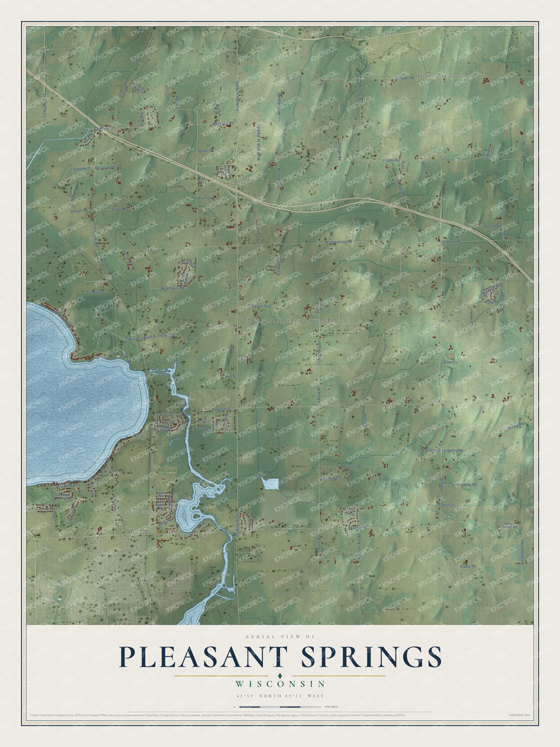 Full map of Pleasant Springs, Wisconsin, with red buildings, printed street names and the land around them