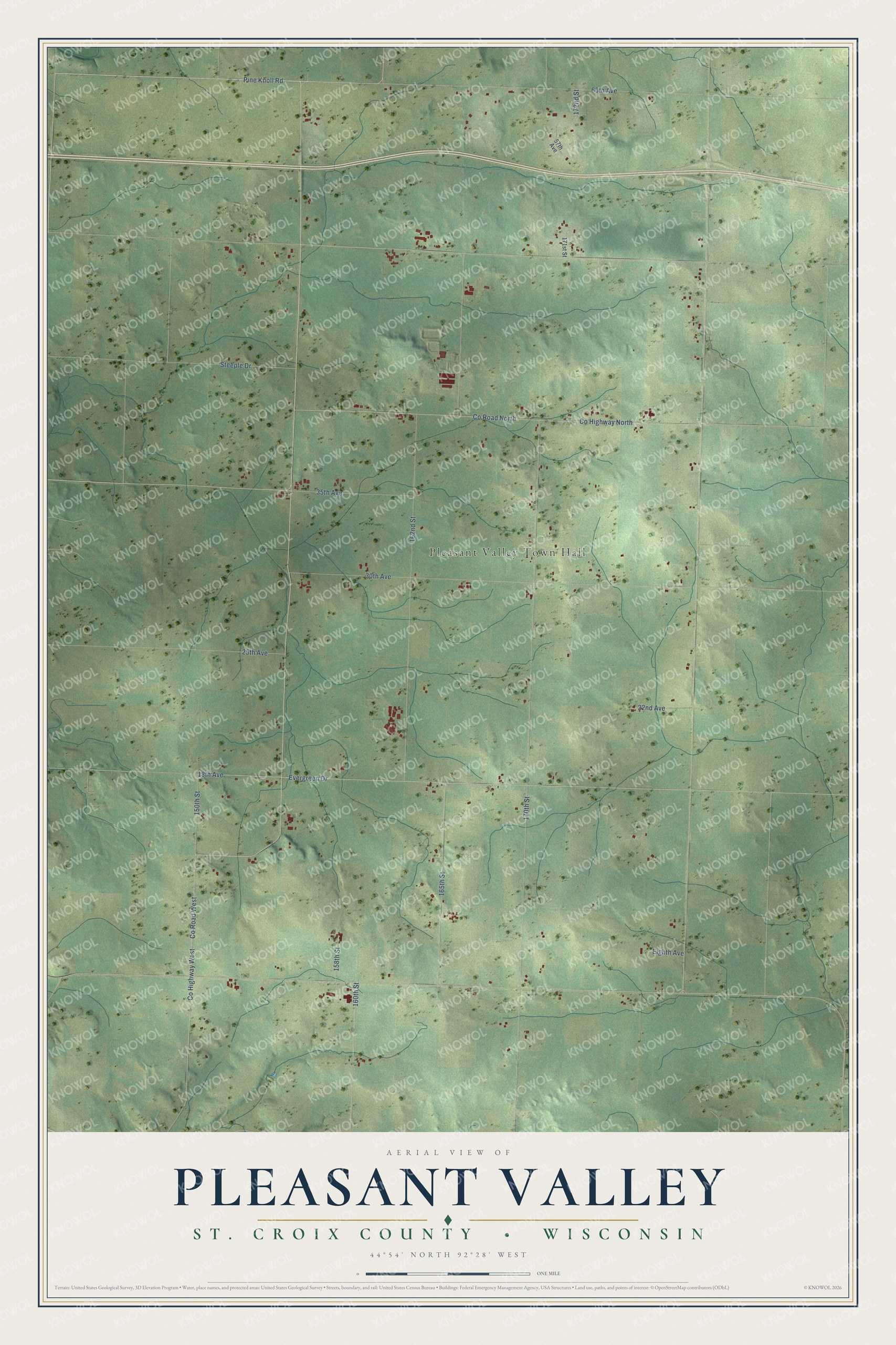 Full map of Pleasant Valley, Wisconsin, with red buildings, printed street names and the land around them