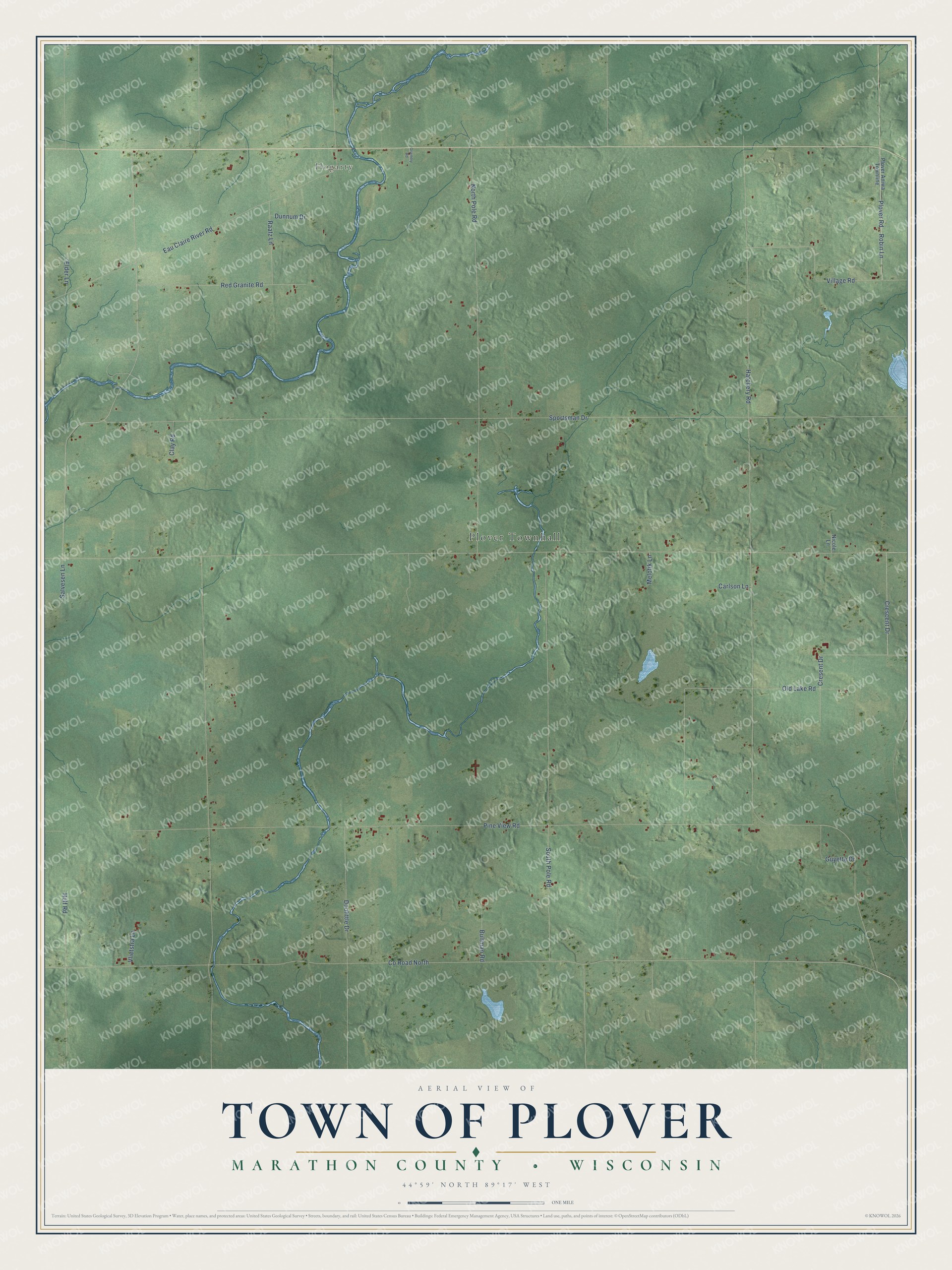 Full map of Plover, Wisconsin, with red buildings, printed street names and the land around them