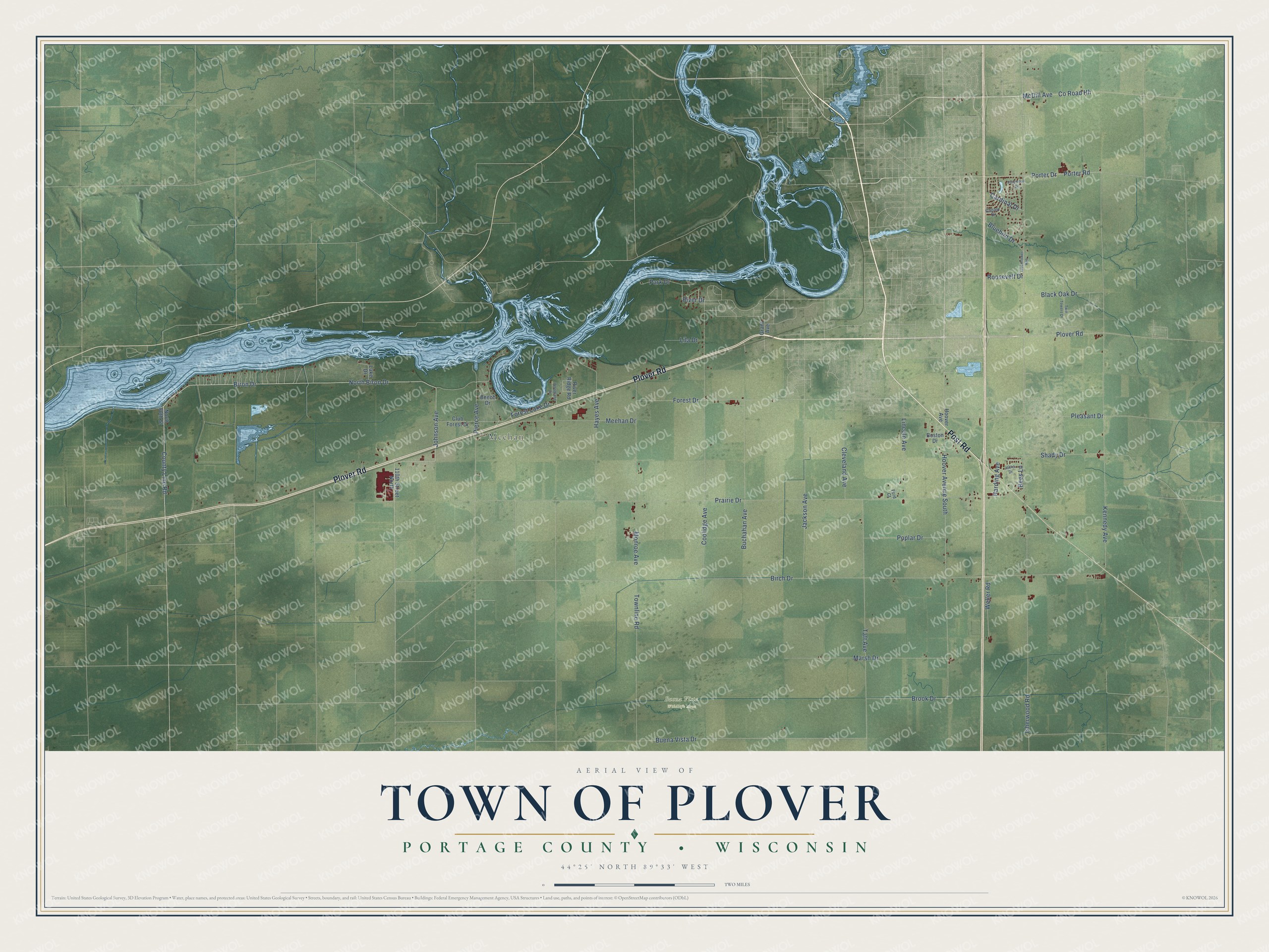 Full map of Plover, Wisconsin, with red buildings, printed street names and the land around them