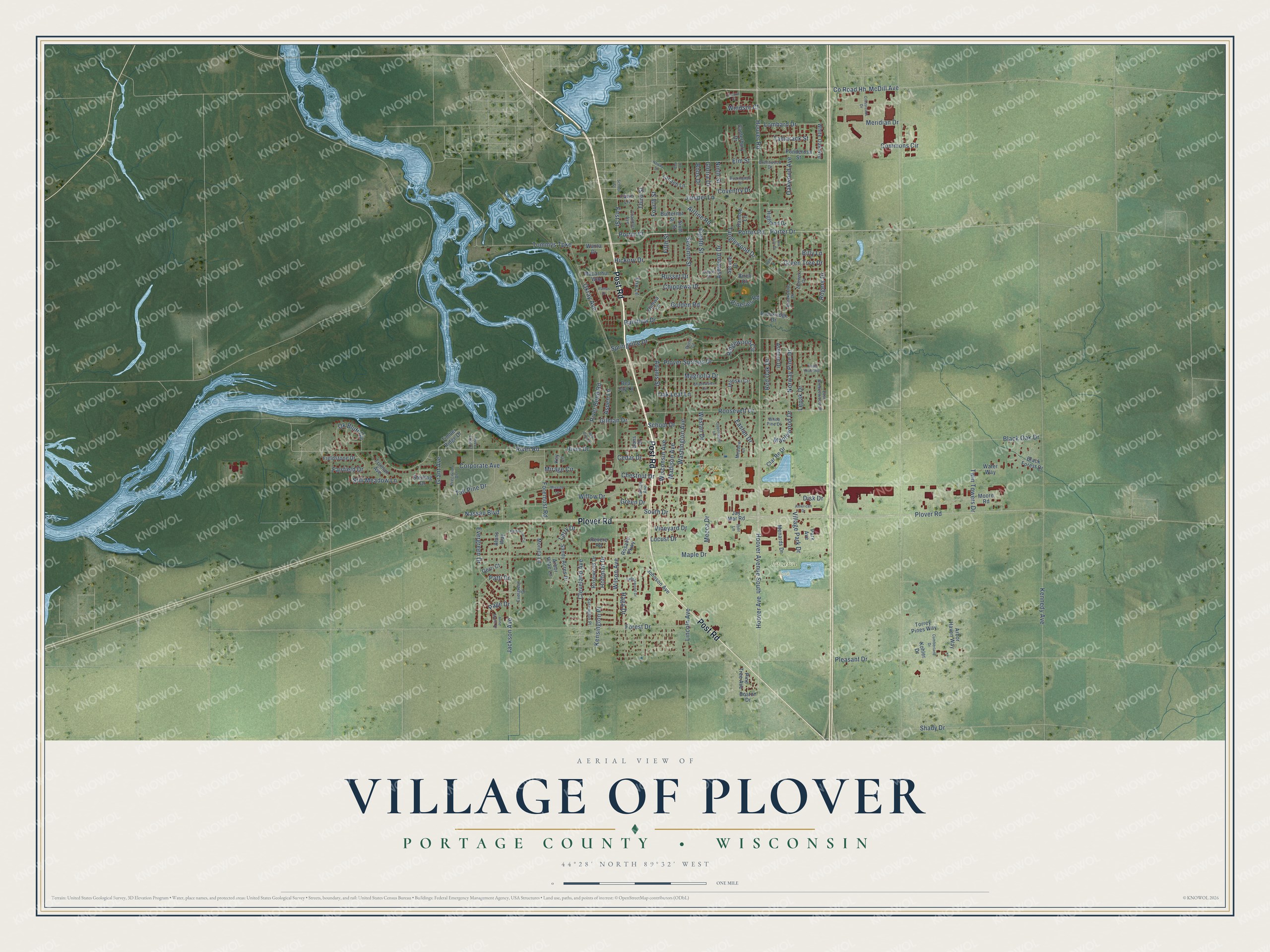 Full map of Plover, Wisconsin, with red buildings, printed street names and the land around them