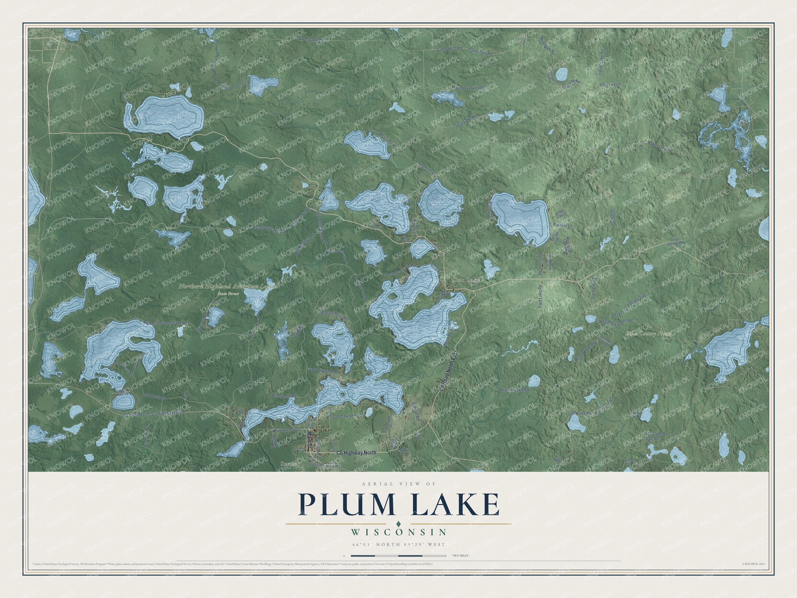 Full map of Plum Lake, Wisconsin, with red buildings, printed street names and the land around them