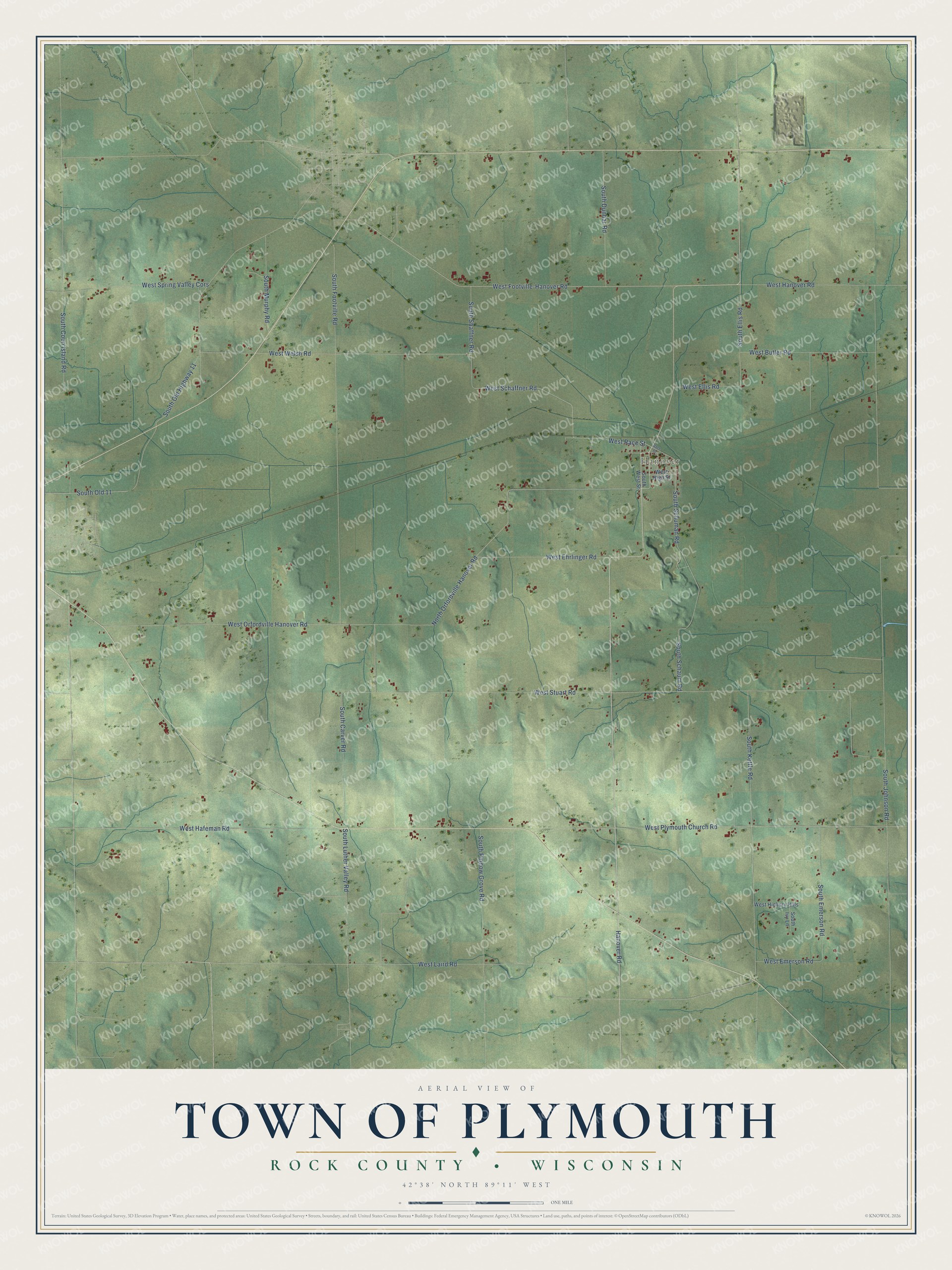 Full map of Plymouth, Wisconsin, with red buildings, printed street names and the land around them