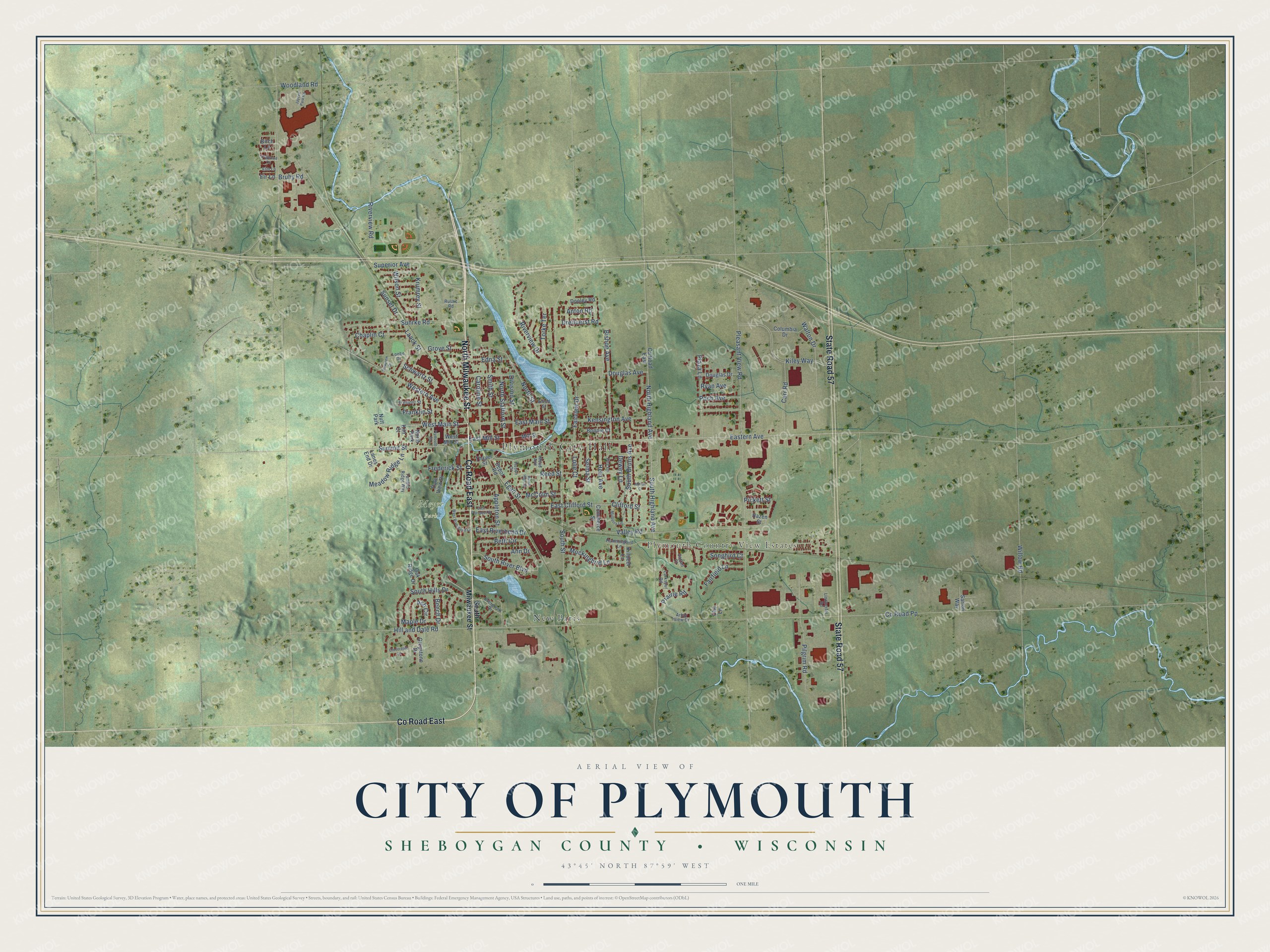 Full map of Plymouth, Wisconsin, with red buildings, printed street names and the land around them