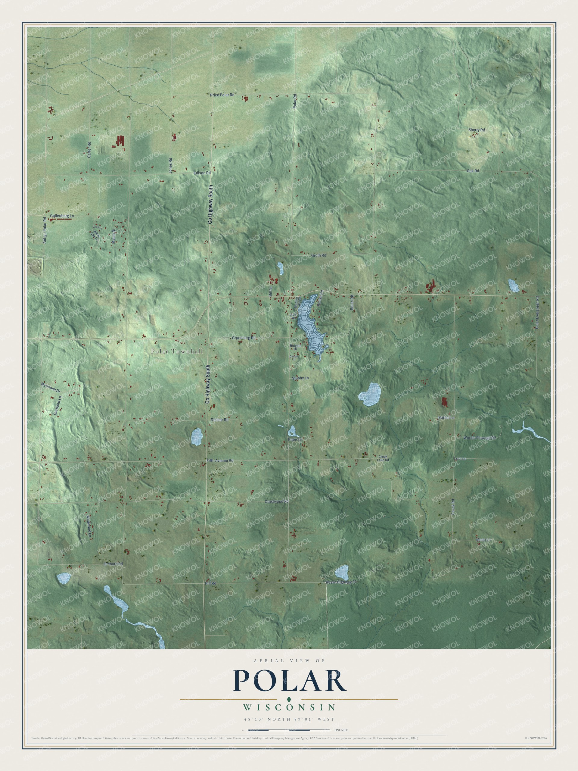 Full map of Polar, Wisconsin, with red buildings, printed street names and the land around them