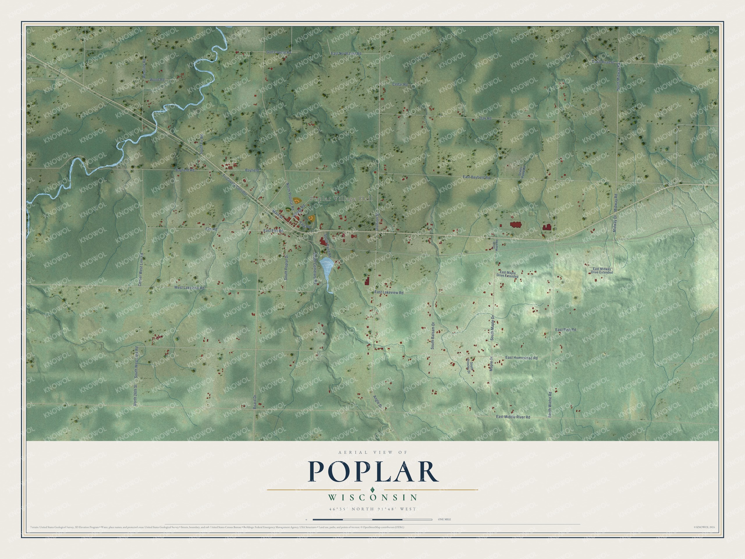 Full map of Poplar, Wisconsin, with red buildings, printed street names and the land around them