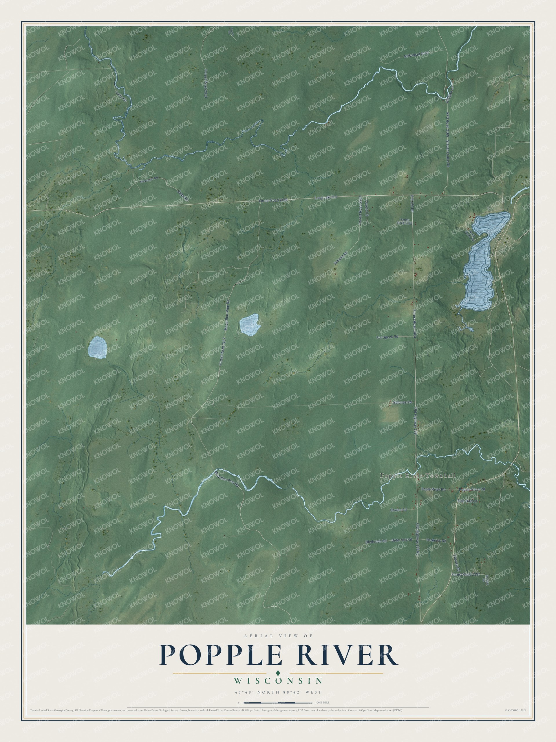 Full map of Popple River, Wisconsin, with red buildings, printed street names and the land around them