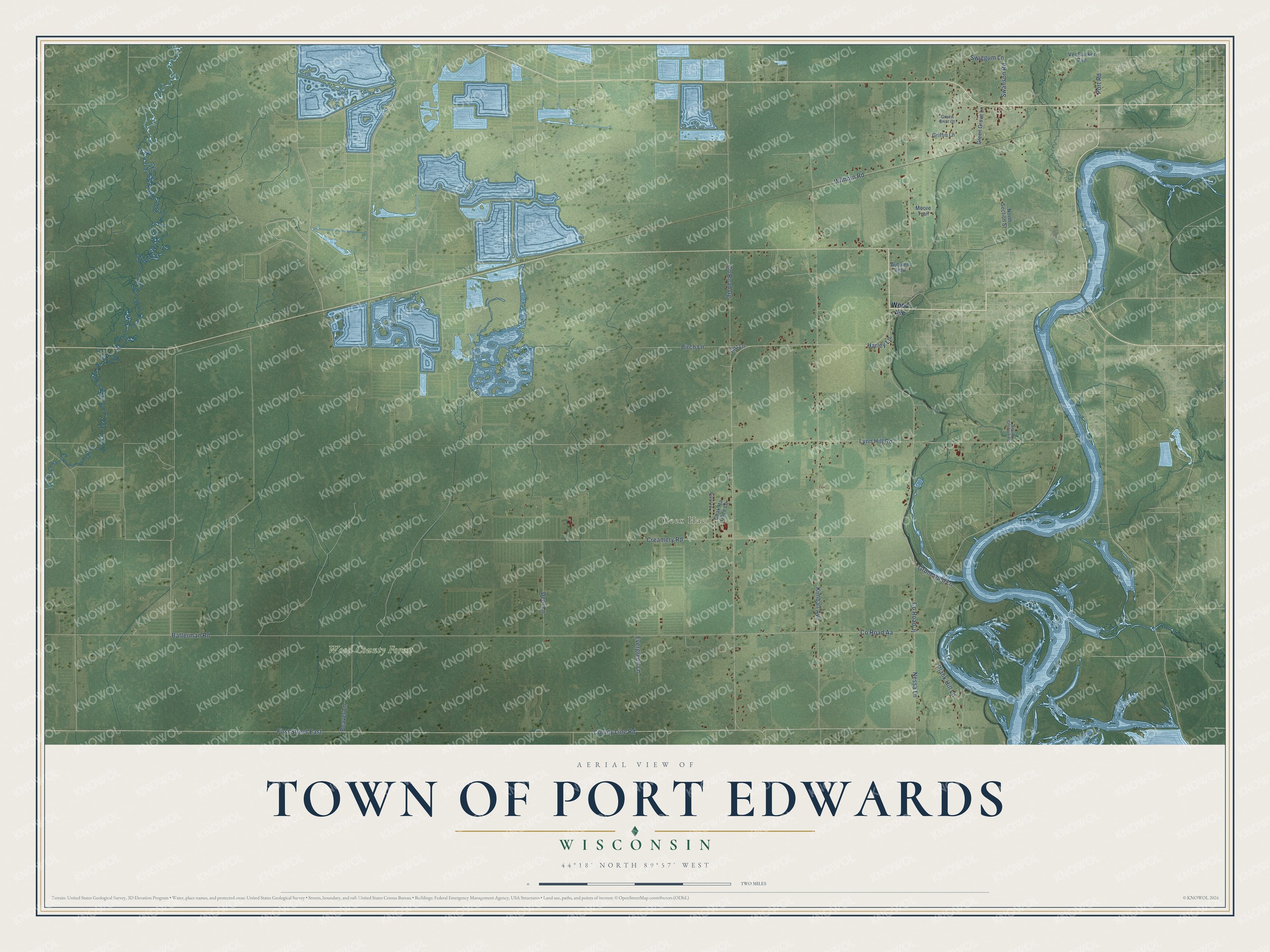 Full map of Port Edwards, Wisconsin, with red buildings, printed street names and the land around them