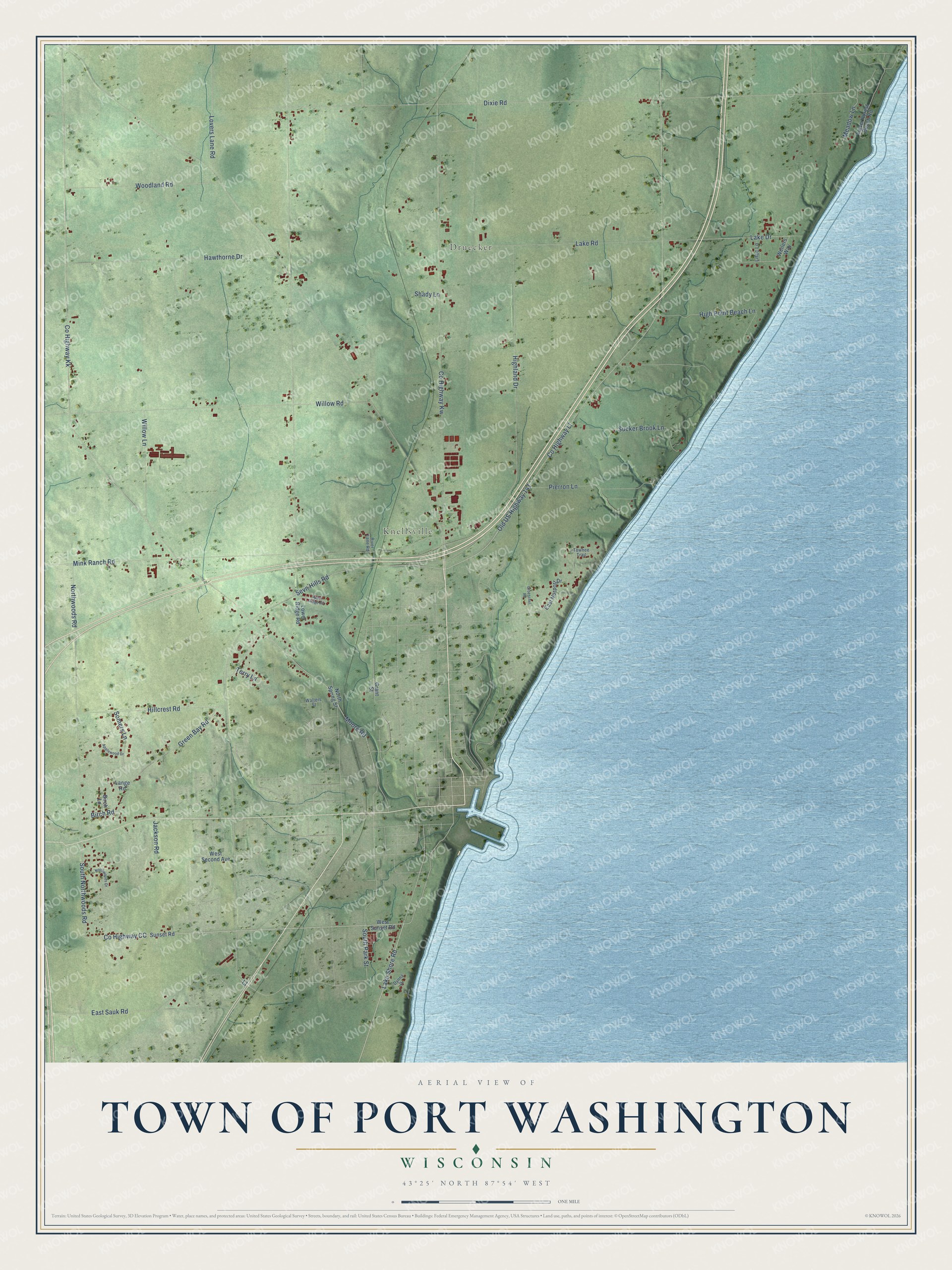 Full map of Port Washington, Wisconsin, with red buildings, printed street names and the land around them