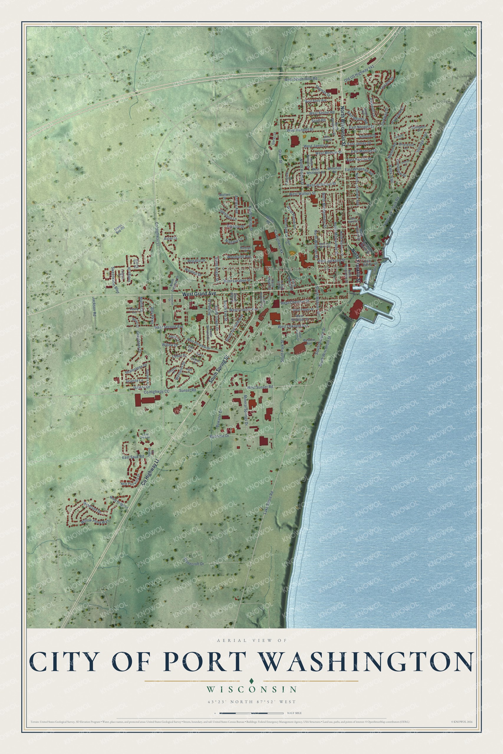 Full map of Port Washington, Wisconsin, with red buildings, printed street names and the land around them