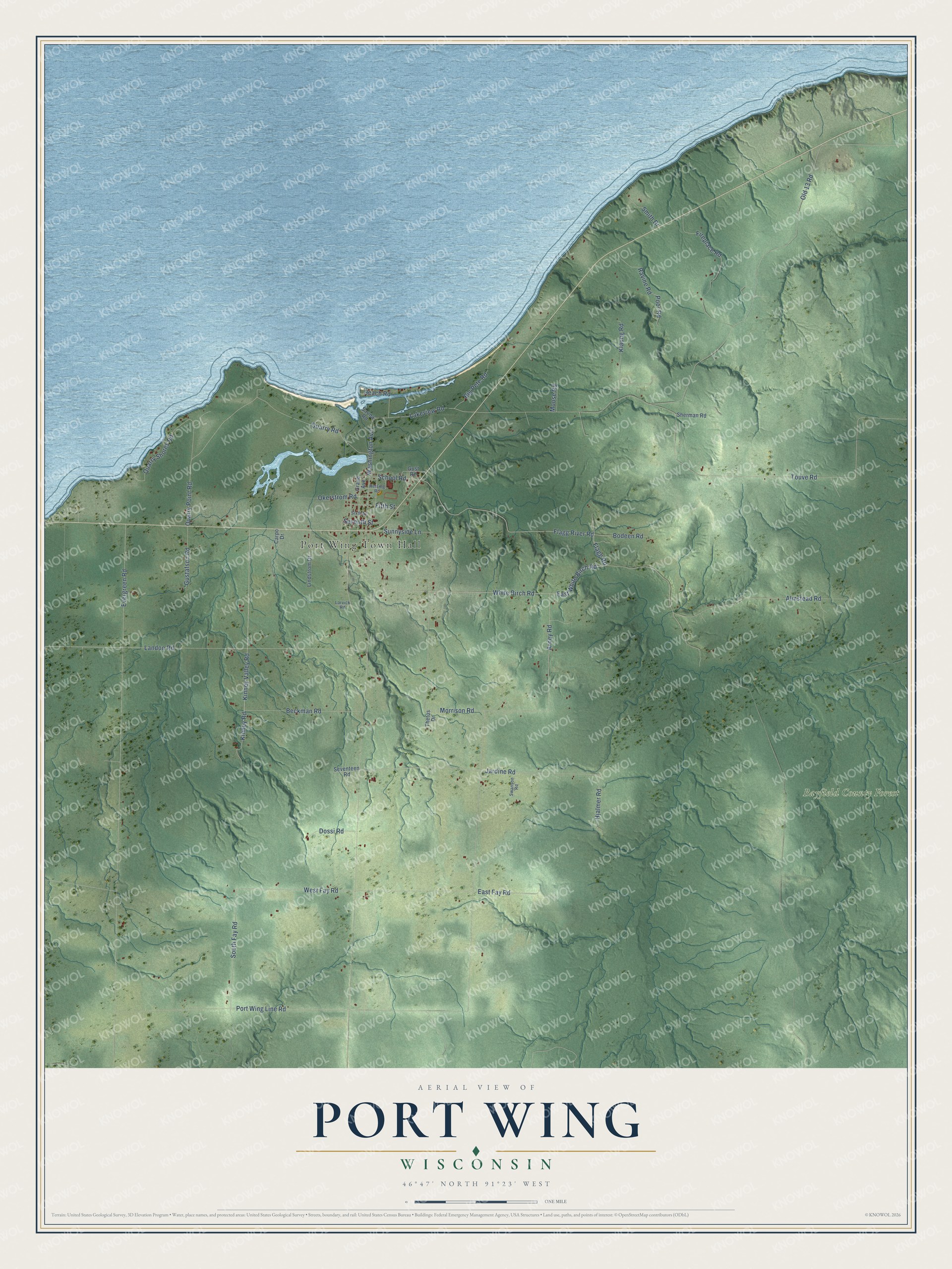 Full map of Port Wing, Wisconsin, with red buildings, printed street names and the land around them