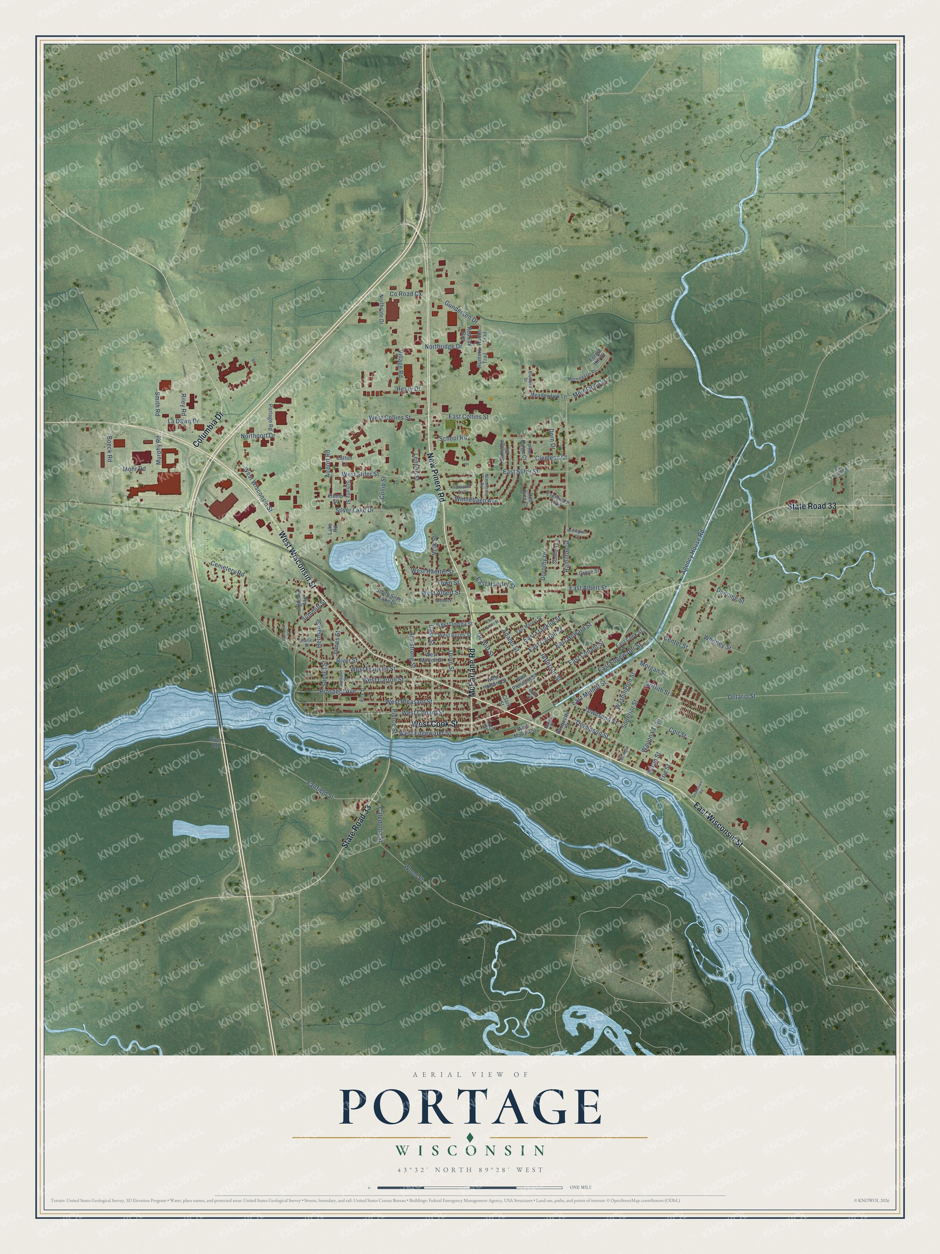 Full map of Portage, Wisconsin, with red buildings, printed street names and the land around them