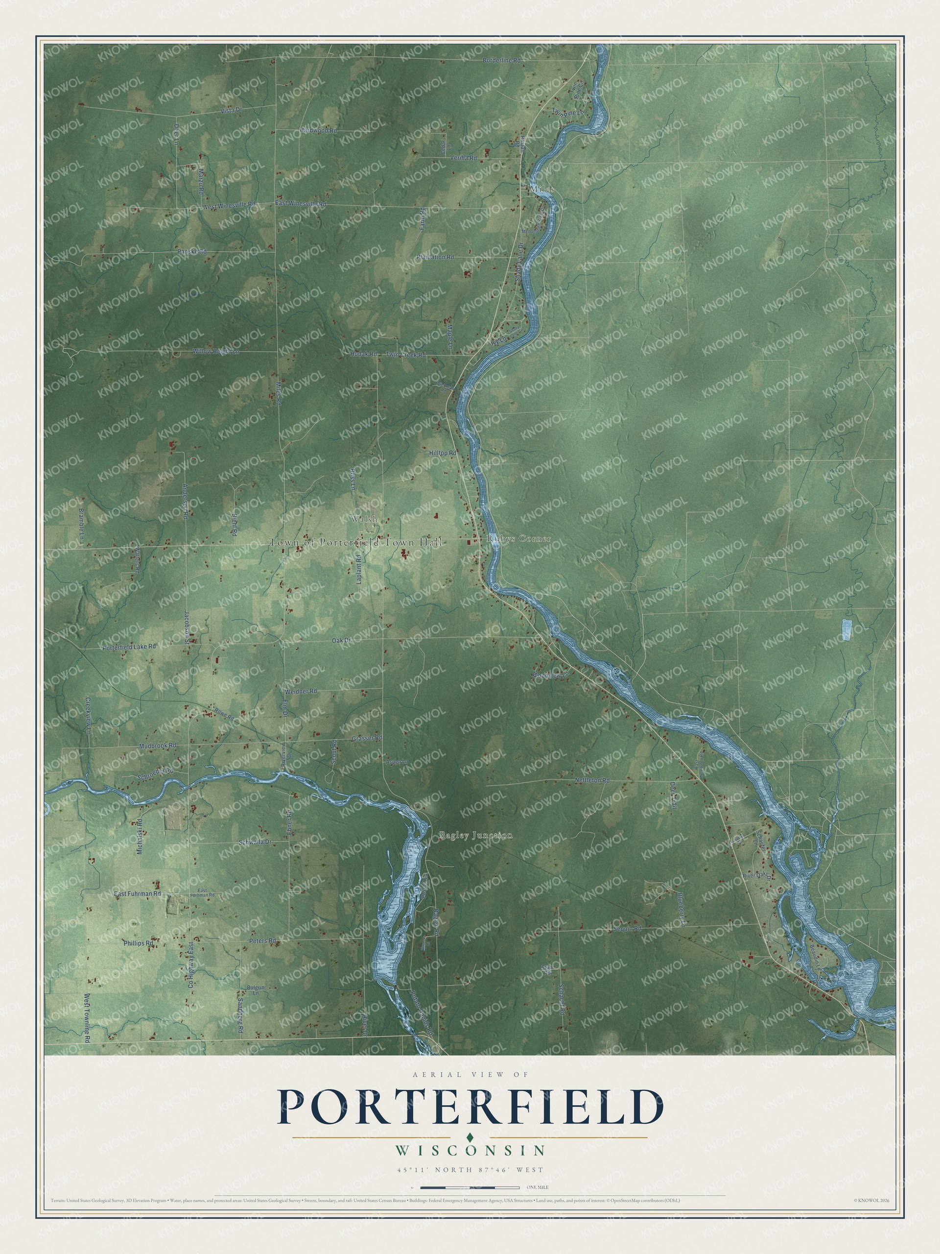 Full map of Porterfield, Wisconsin, with red buildings, printed street names and the land around them