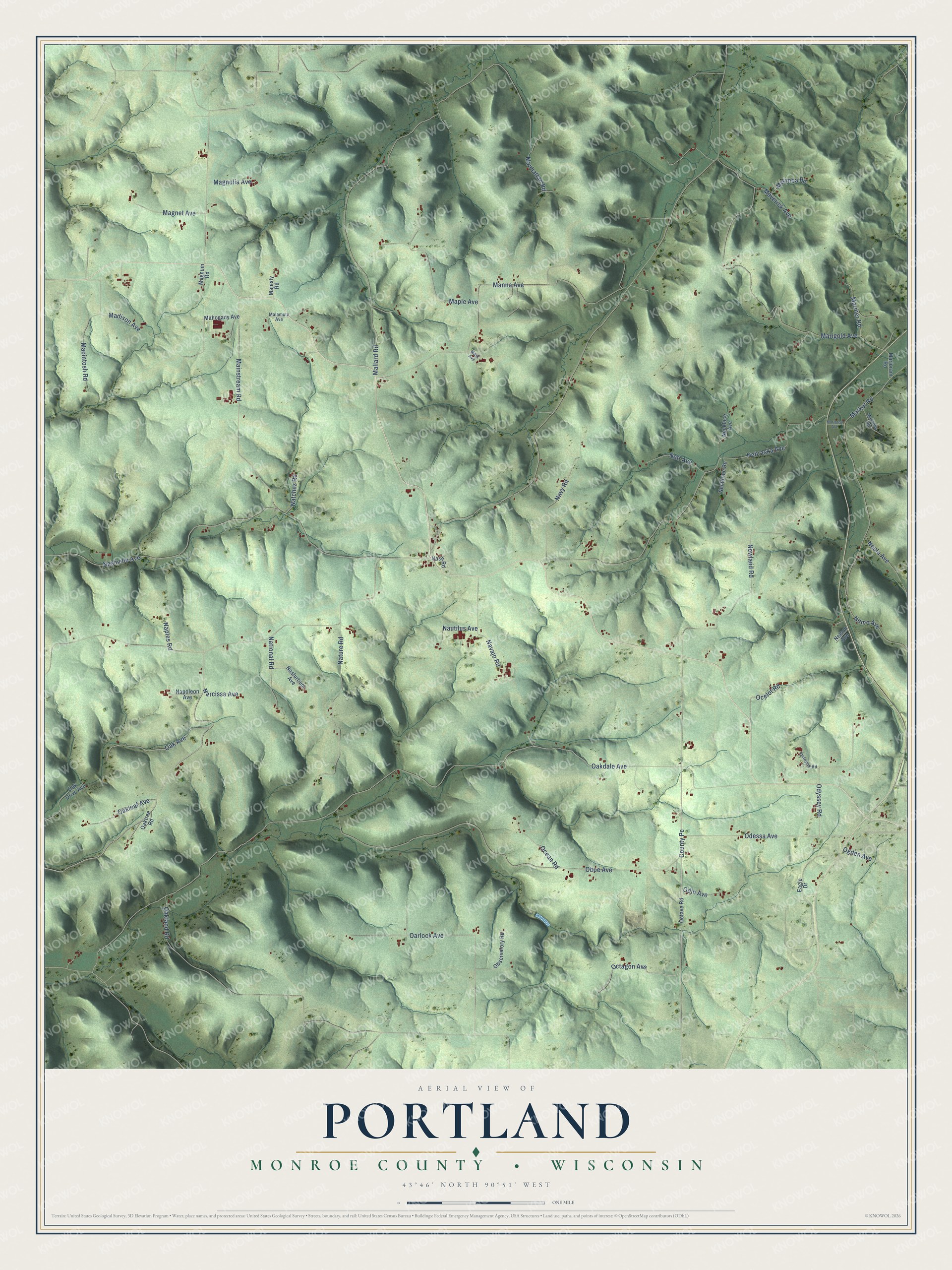 Full map of Portland, Wisconsin, with red buildings, printed street names and the land around them