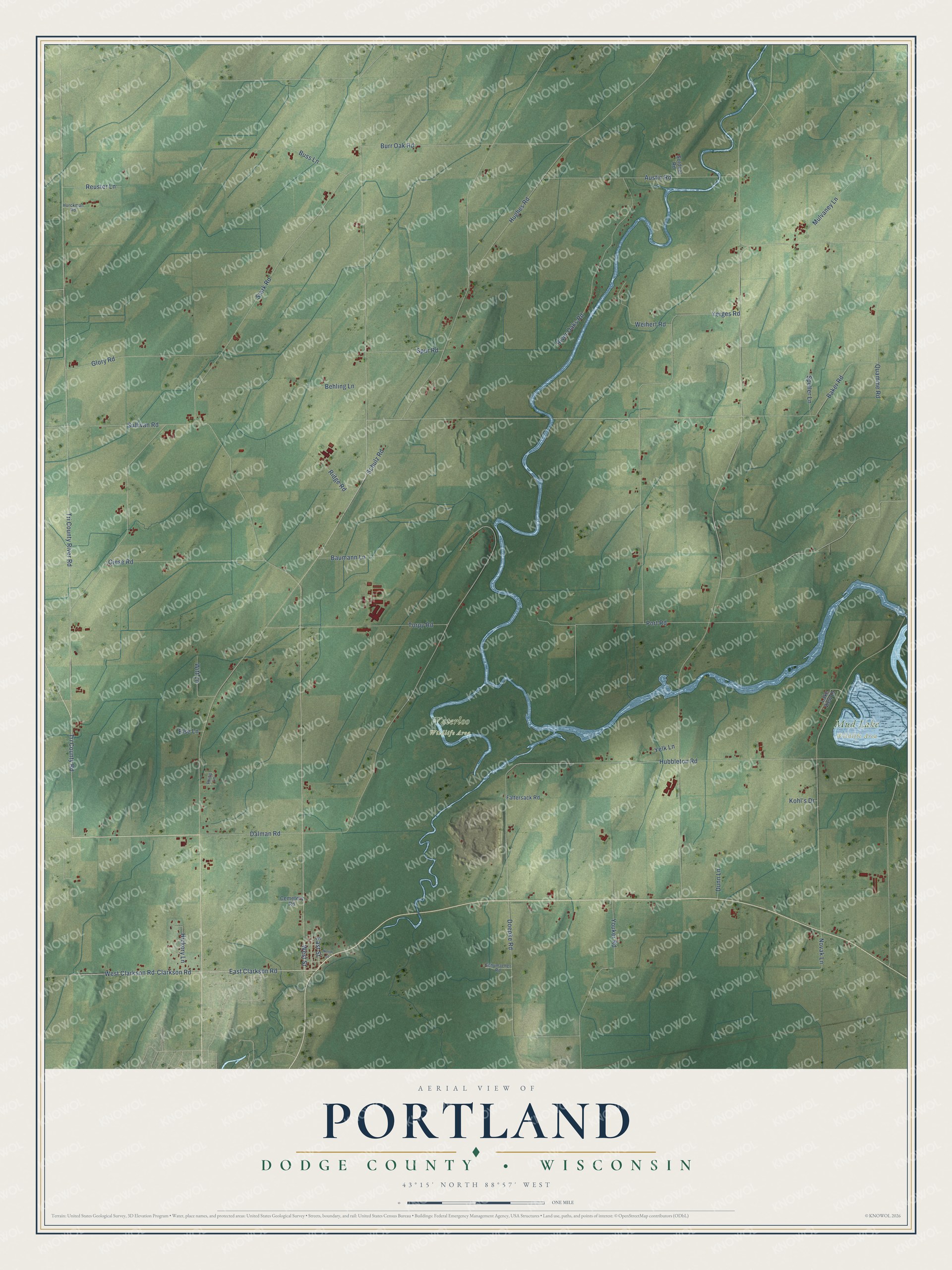 Full map of Portland, Wisconsin, with red buildings, printed street names and the land around them