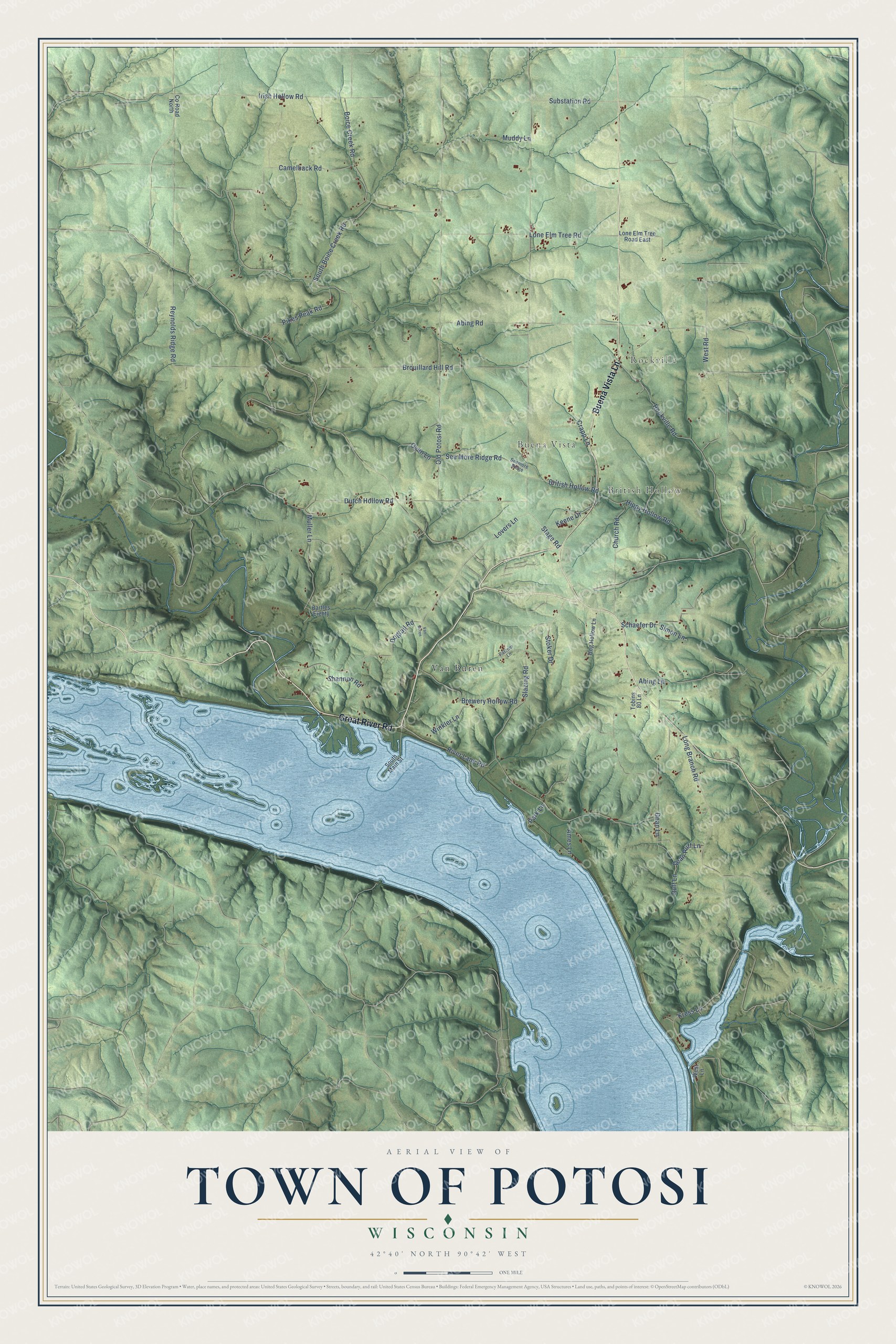 Full map of Potosi, Wisconsin, with red buildings, printed street names and the land around them