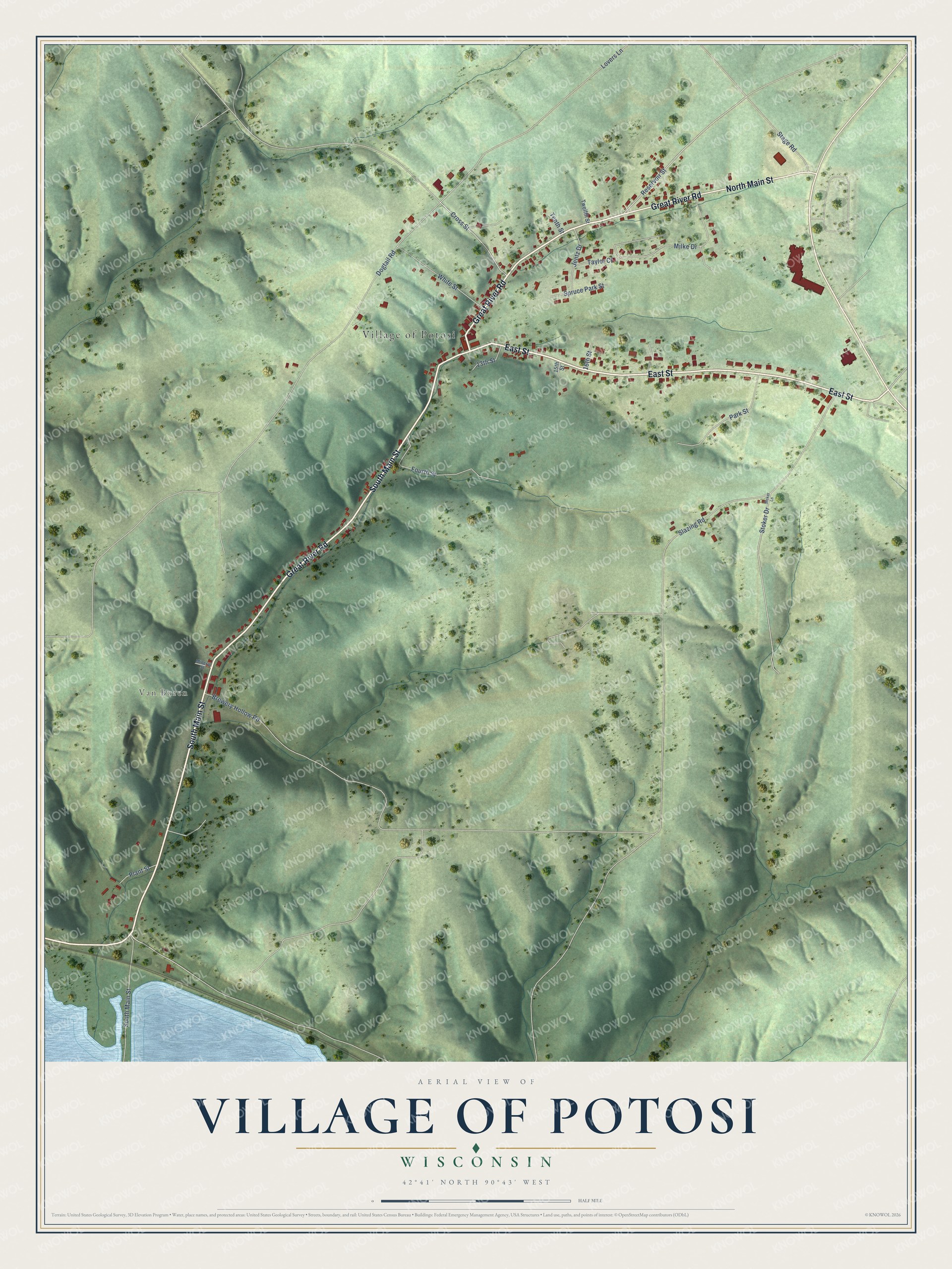 Full map of Potosi, Wisconsin, with red buildings, printed street names and the land around them
