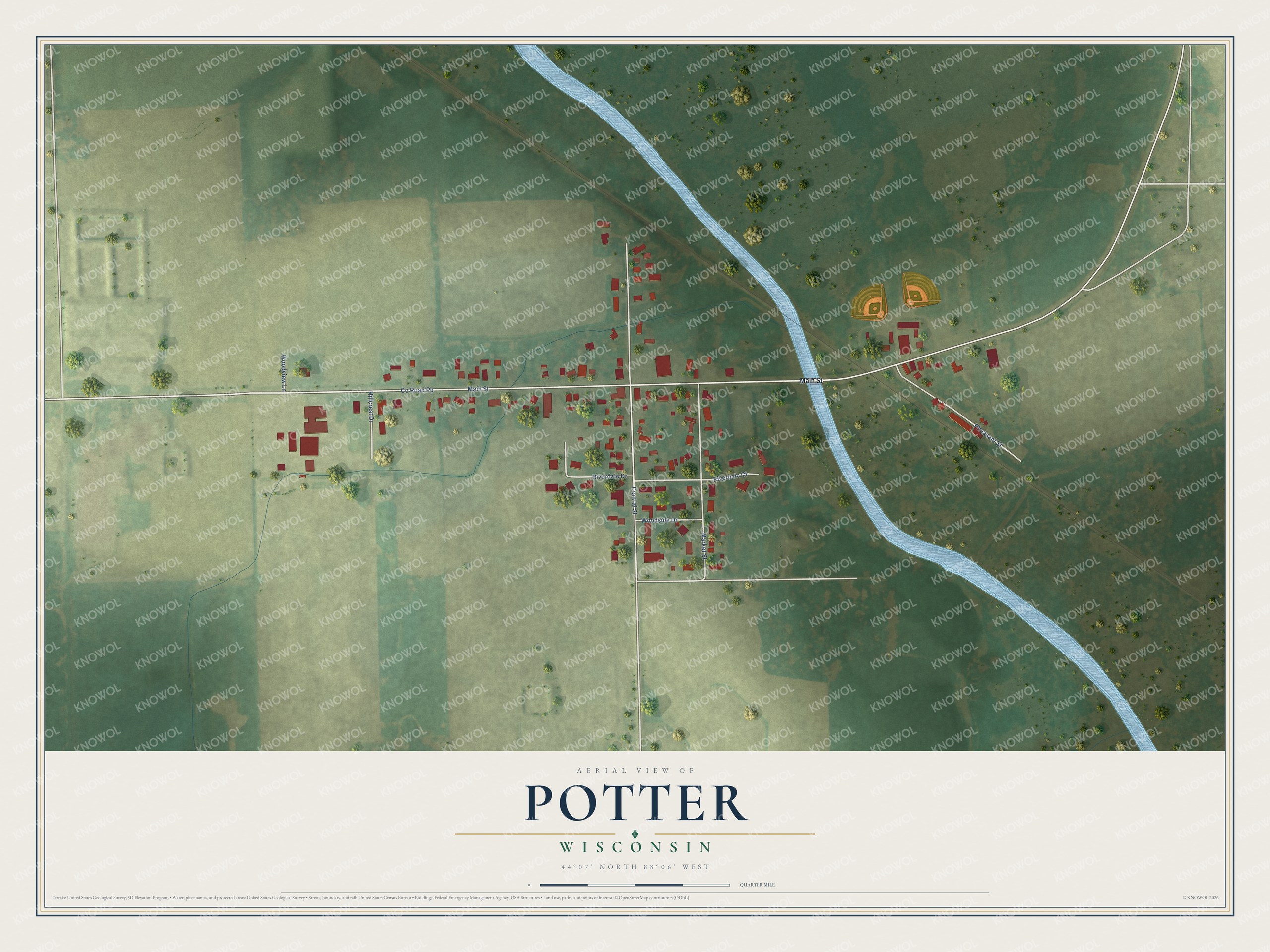 Full map of Potter, Wisconsin, with red buildings, printed street names and the land around them