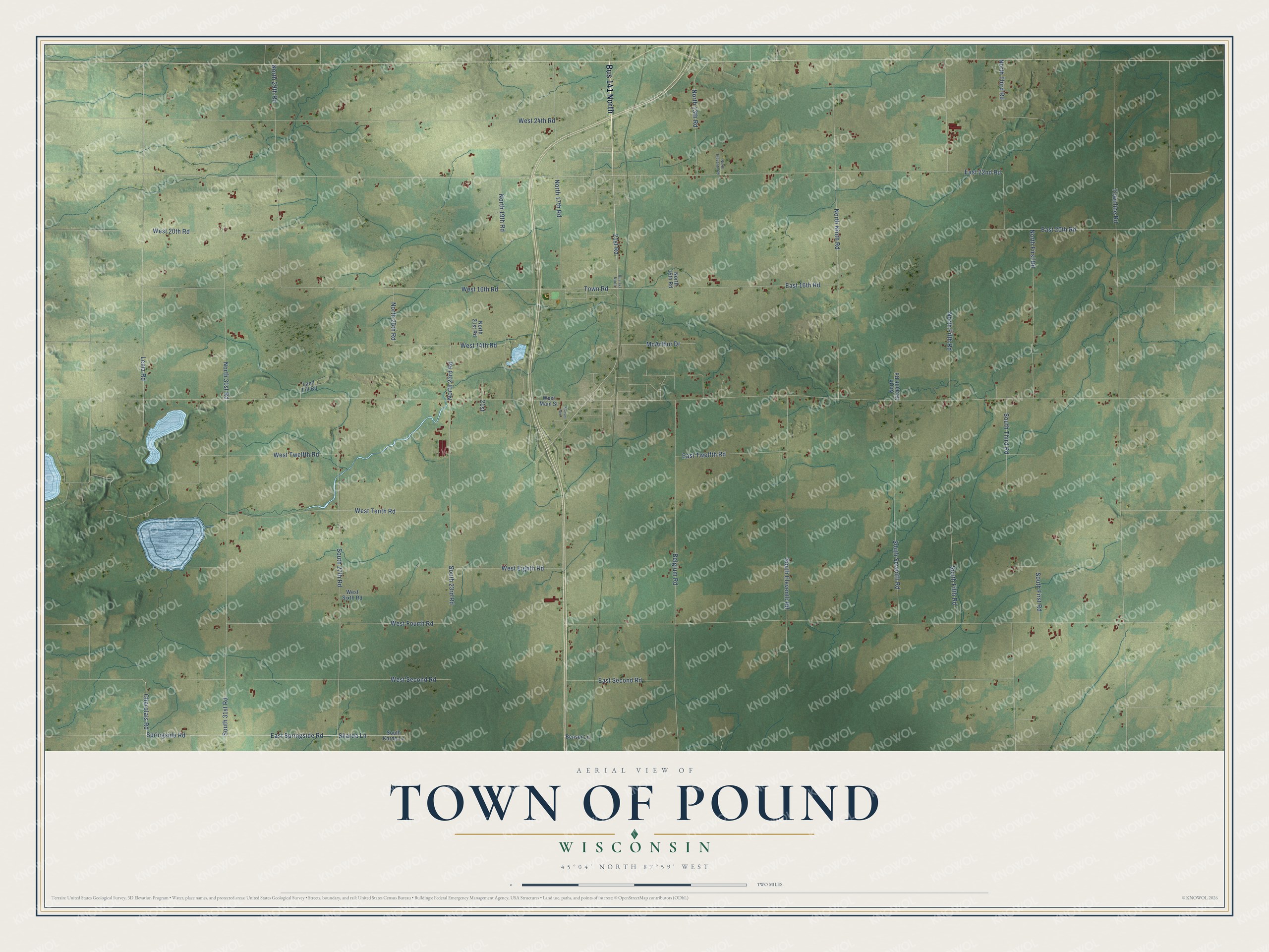 Full map of Pound, Wisconsin, with red buildings, printed street names and the land around them